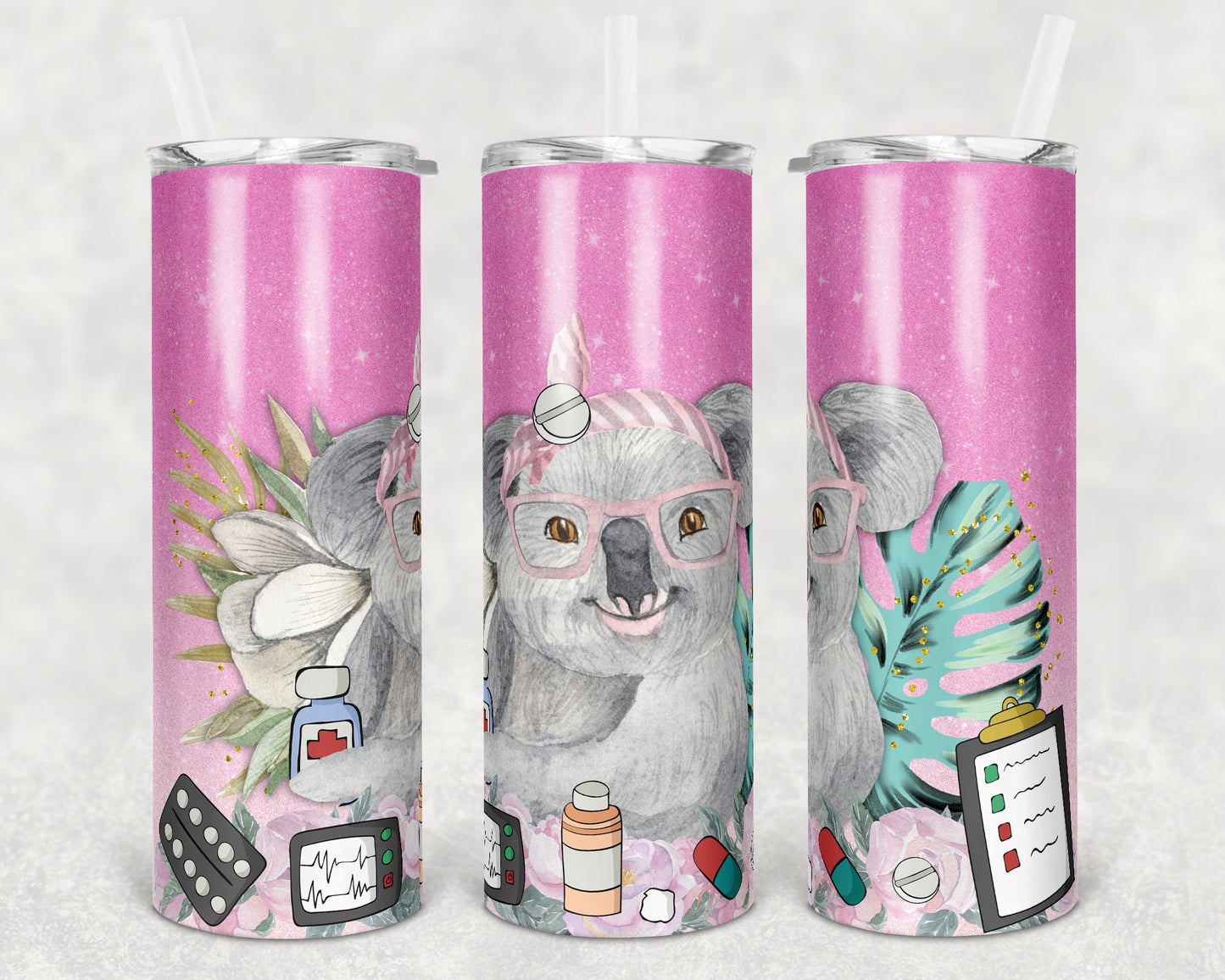 20 oz Skinny Tumbler Sublimation Design Template Ombre Glitter Koala Pharmacy Straight and Warped