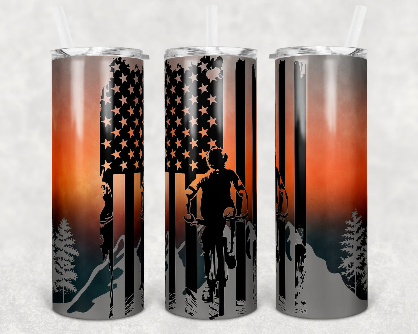 20 oz Skinny Tumbler Sublimation Design Template Mountain Biking Sunset Mountain Bike Flag
