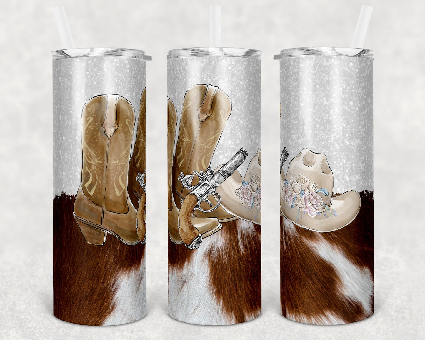 20 oz Skinny Tumbler Cowhide and Glitter cowboy boots Sublimation Design Print Transfer