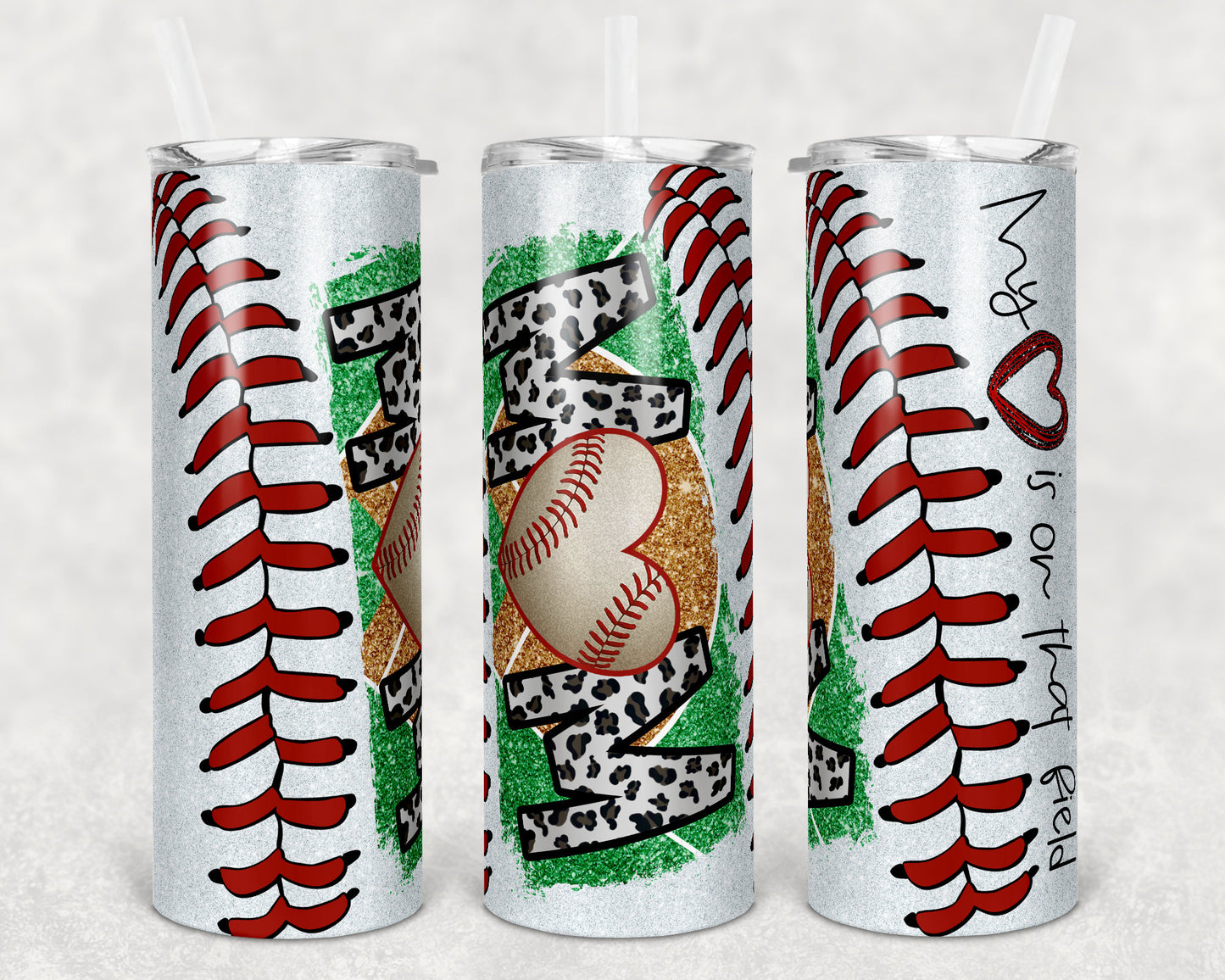 20 oz Skinny Tumbler Baseball Mom Glitter Heart on Field Laces Sublimation Design Template Design