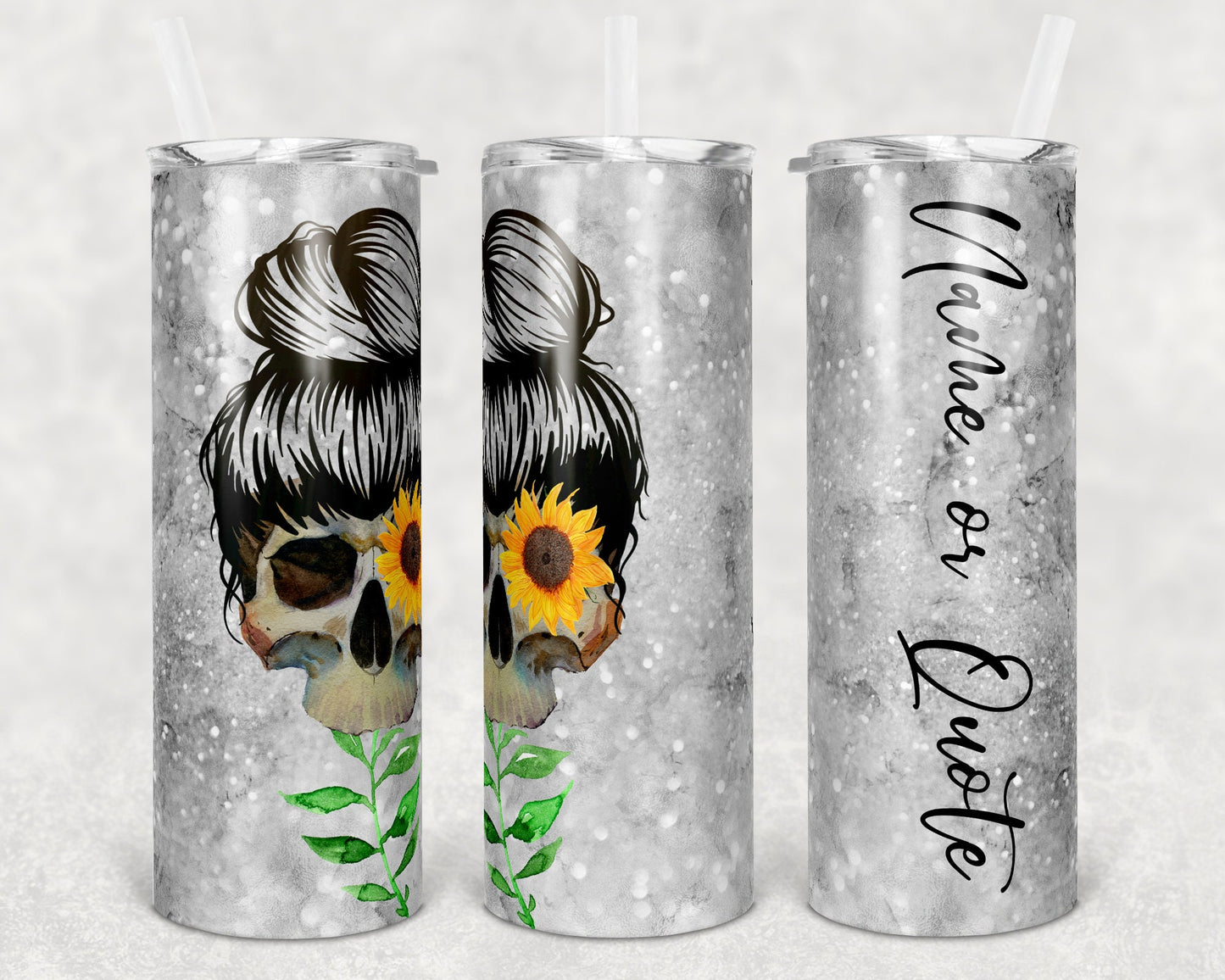 20 oz Skinny Tumbler Glitter Sunflower Skull Messy Bun Sublimation Design Print Transfer