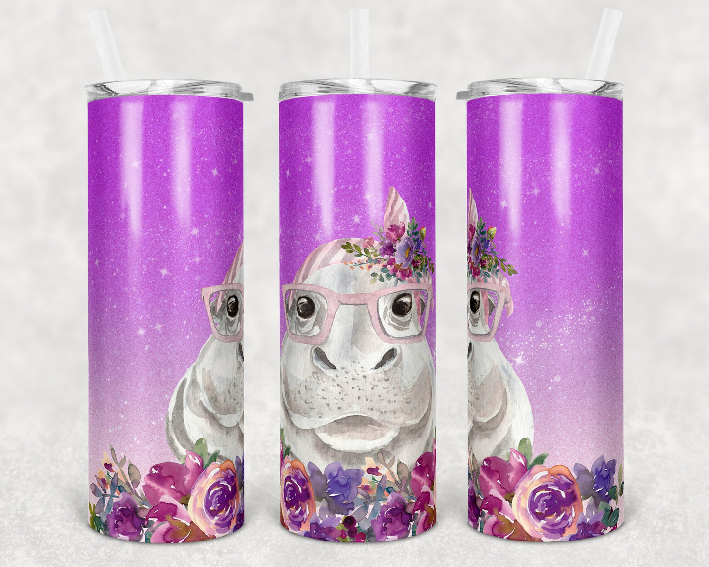 20 oz Skinny Tumbler Sublimation Design Template Ombre Glitter Hippo Straight and Warped