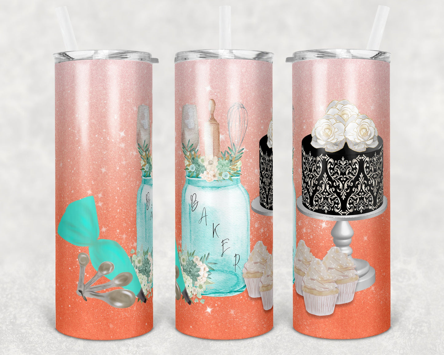 20 oz Skinny Tumbler Sublimation Design Template Glitter Ombre Coral Baking Baker Straight and Warped Design
