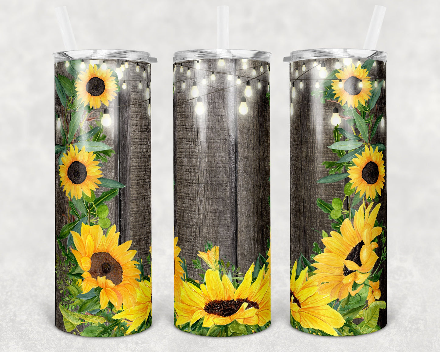 20 oz Skinny Tumbler Wood Sunflower Lights Rustic Sublimation Design Print Transfer