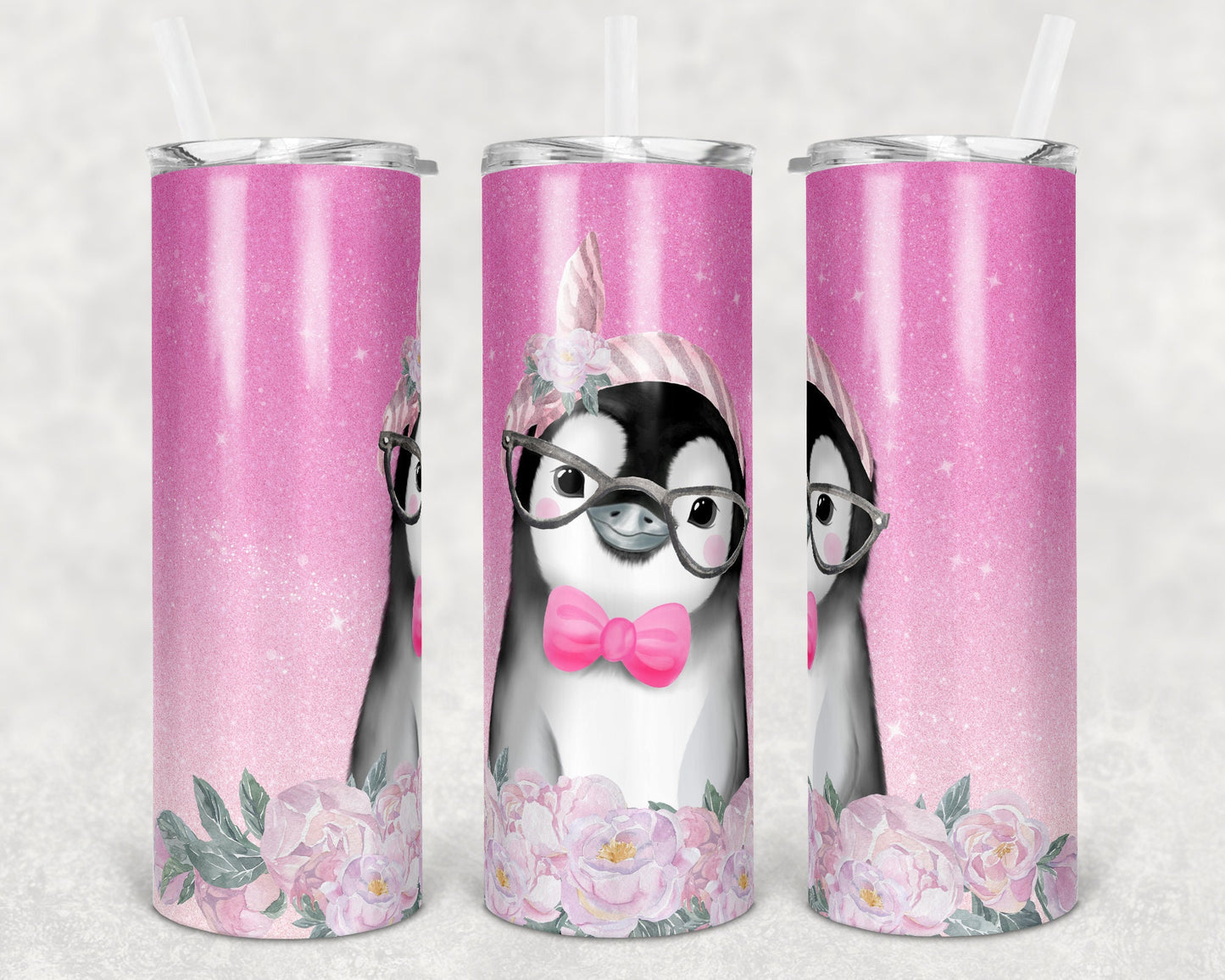 20 oz Skinny Tumbler Sublimation Design Template Cute pink Glitter Penguin Straight and Warped