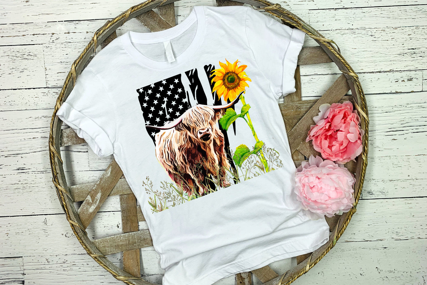 20 oz Skinny Tumbler Sublimation Flag Sunflower and Highland Cow Rustic Wood Design