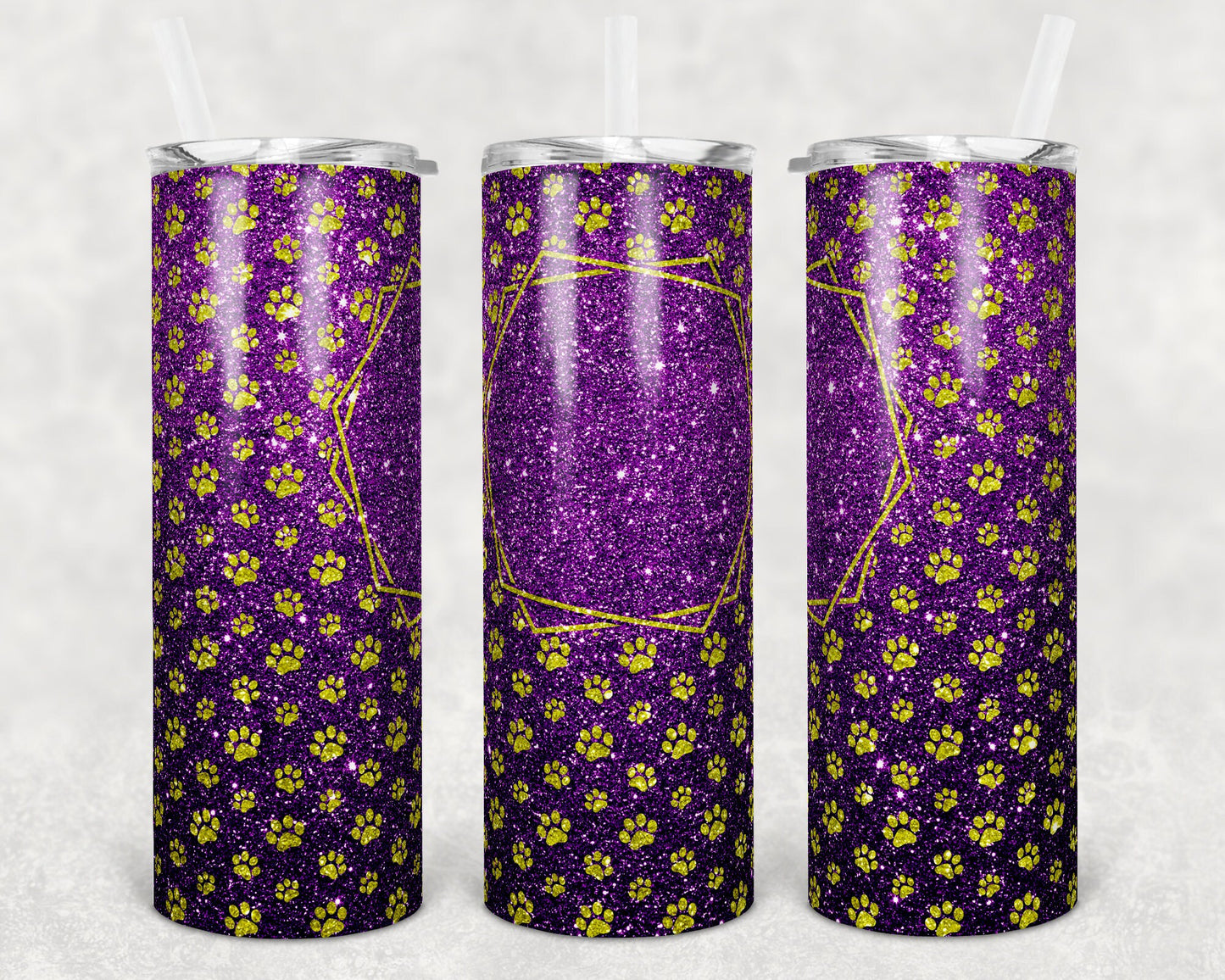 20 oz Skinny Tumbler Sublimation Purple Yellow Glitter Paw Dog Frame Add Text Personalize Template Straight Warped