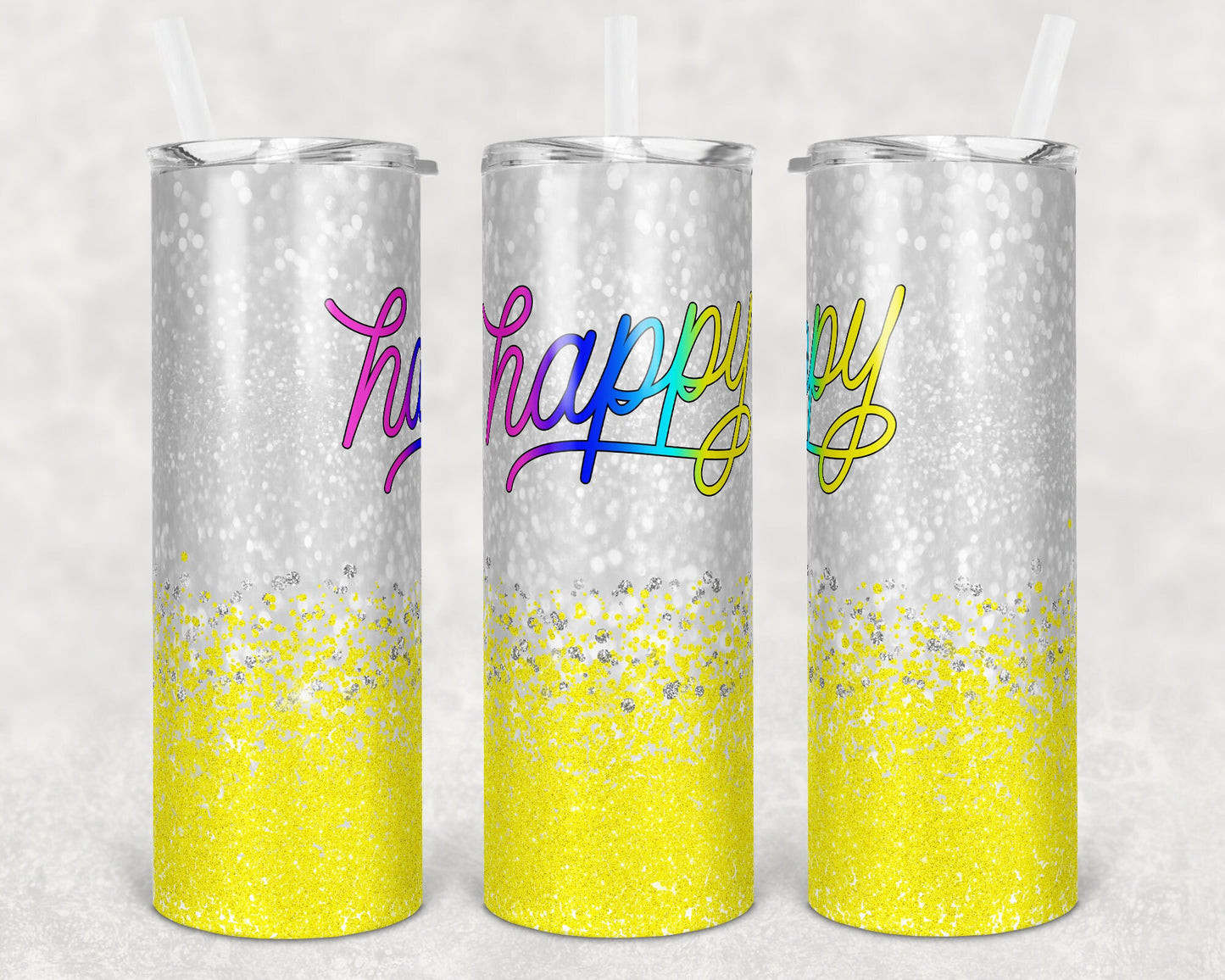 20 oz Skinny Tumbler Sublimation Design Template Happy Ombre Yellow Bright Glitter Confetti
