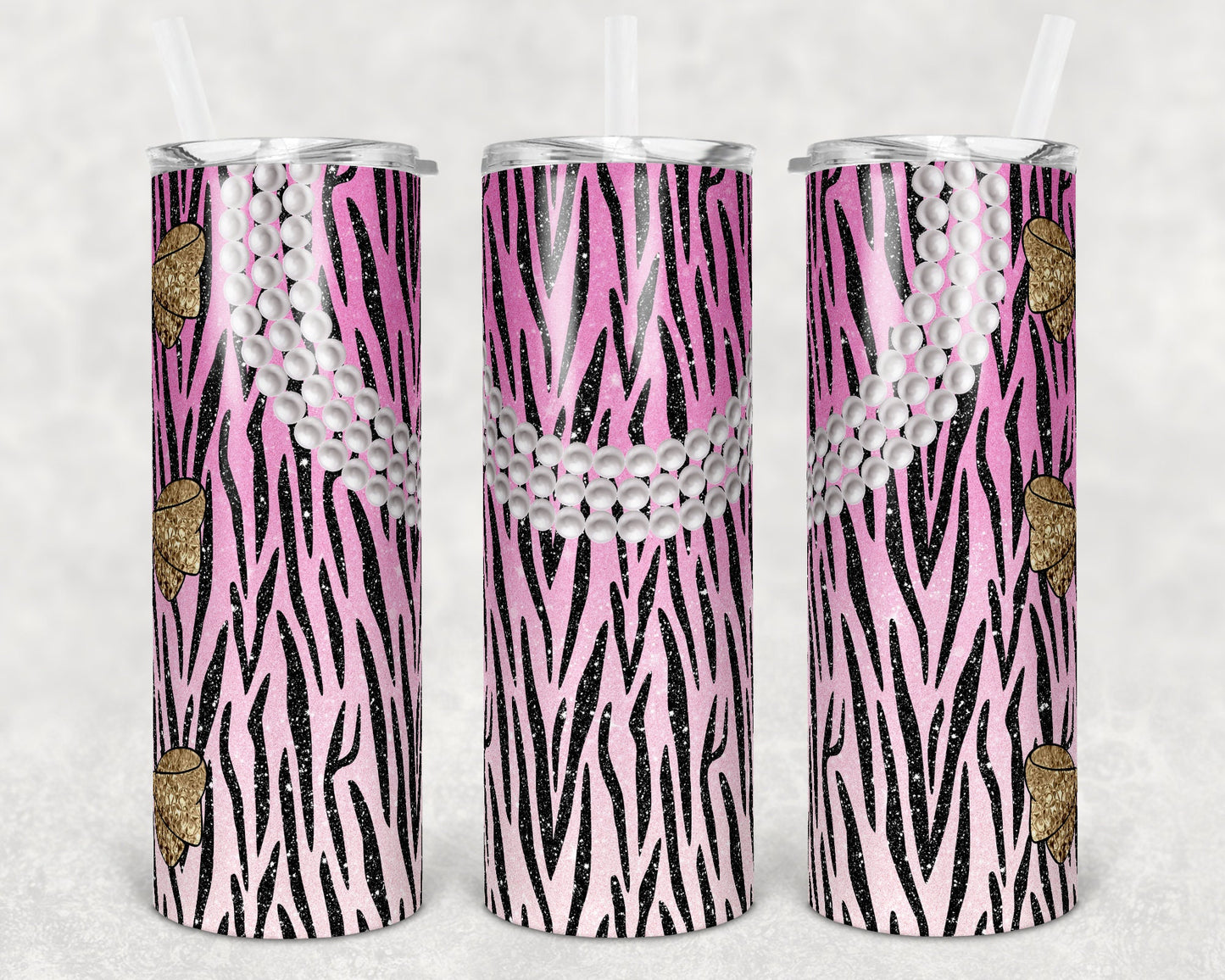 20 oz Skinny Tumbler Sublimation Design Template Glitter Ombre Pink Zebra Pearls and Bows Straight Warped Design