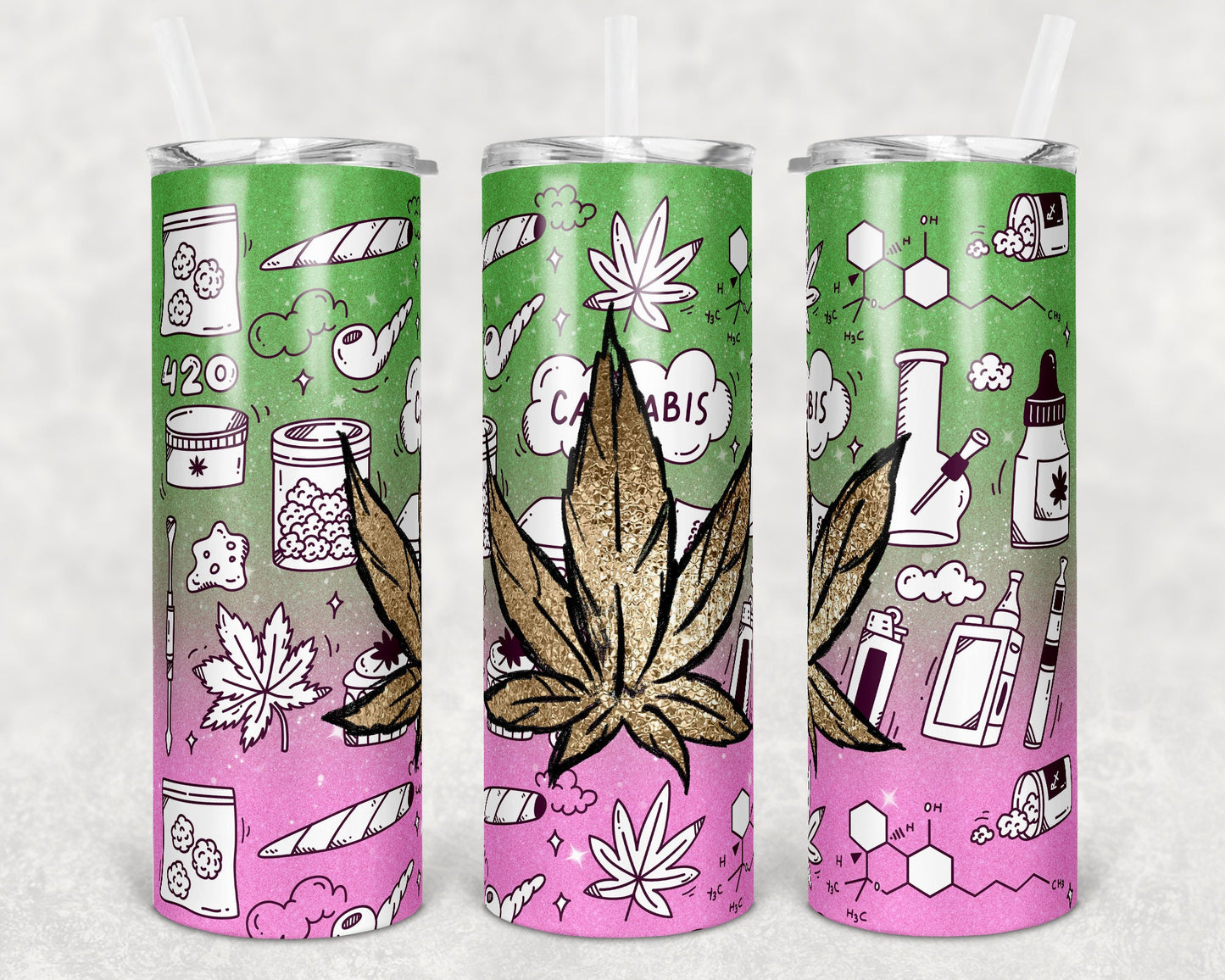 20 oz Skinny Tumbler Sublimation Design Template Cannabis Marijuana Straight and Warped Design