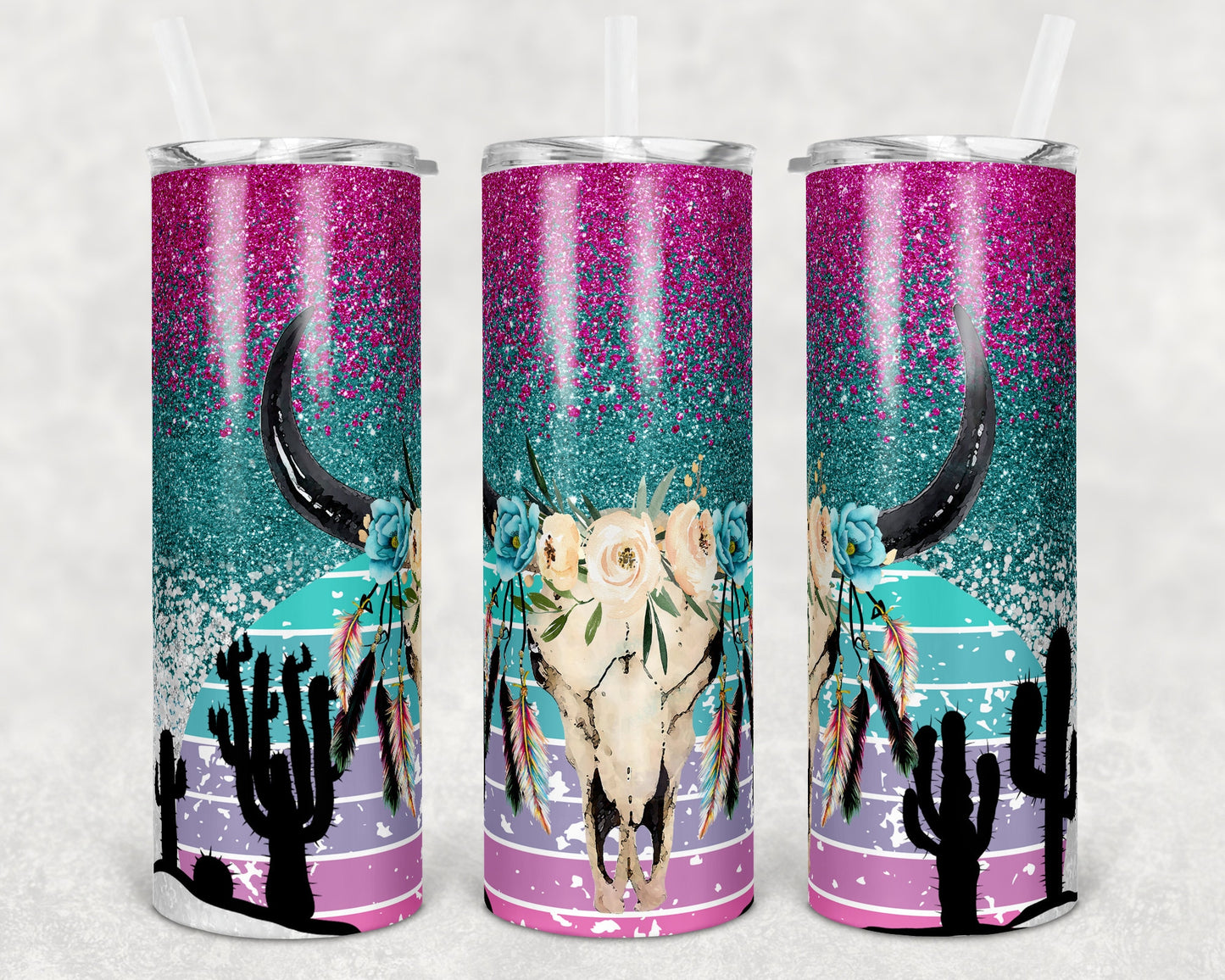 20 oz Skinny Tumbler Sublimation Design Template Glitter Ombre Desert Cow Skull teal pink Cactus Sunset Straight Warped