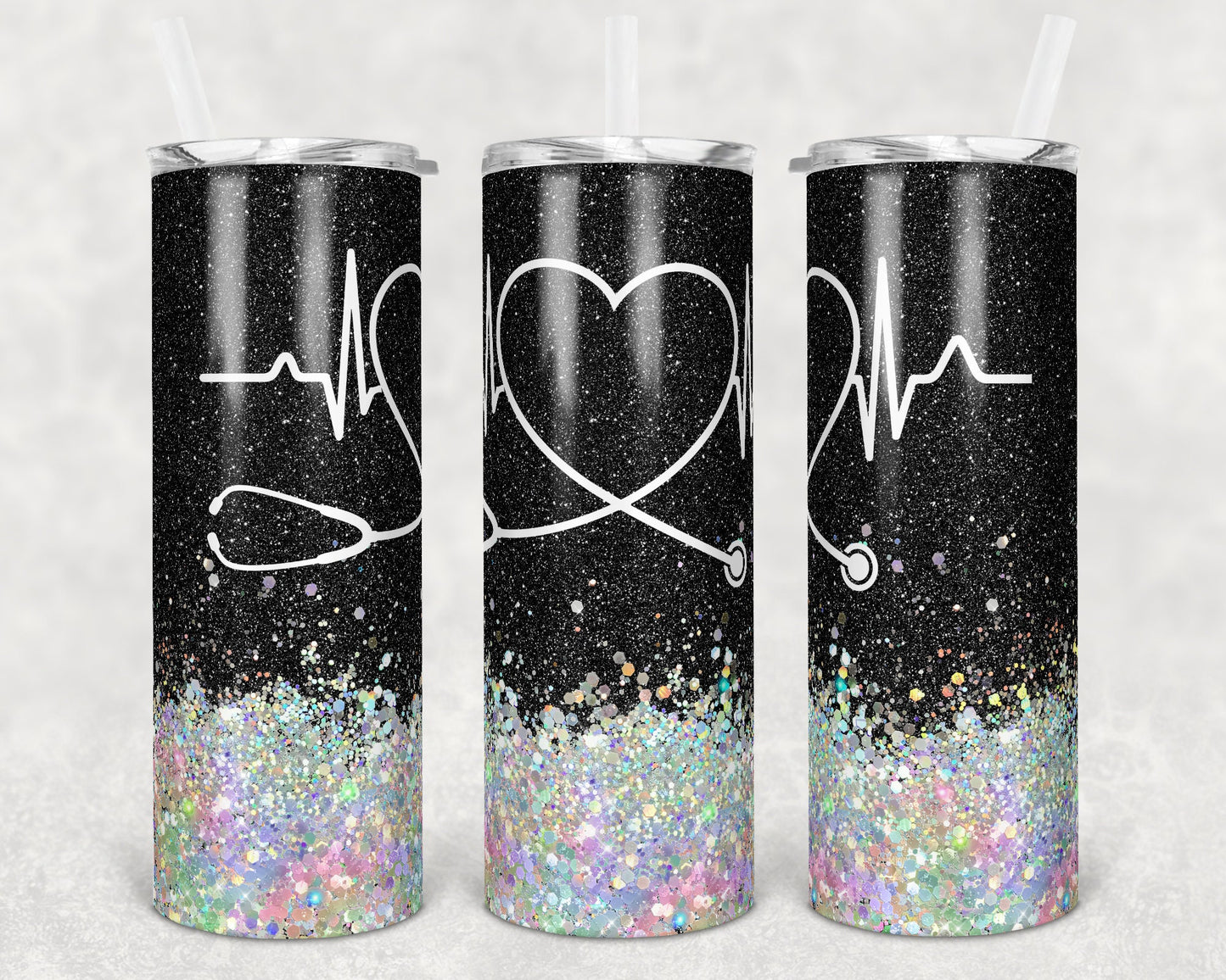 20 oz Skinny Tumbler Sublimation Design Template Glitter Nurse Black Inst tumblers