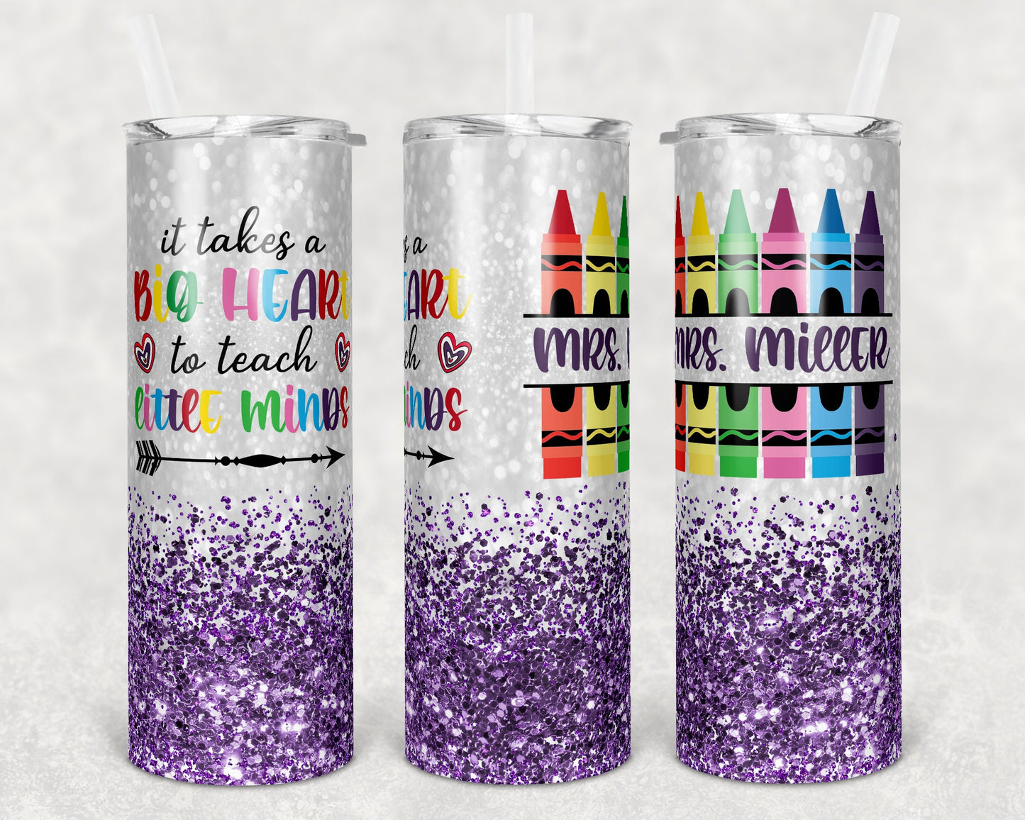 20 oz Skinny Tumbler Purple Glitter Teacher Tumbler Big Heart to Teach Little Minds Sublimation Design crayon