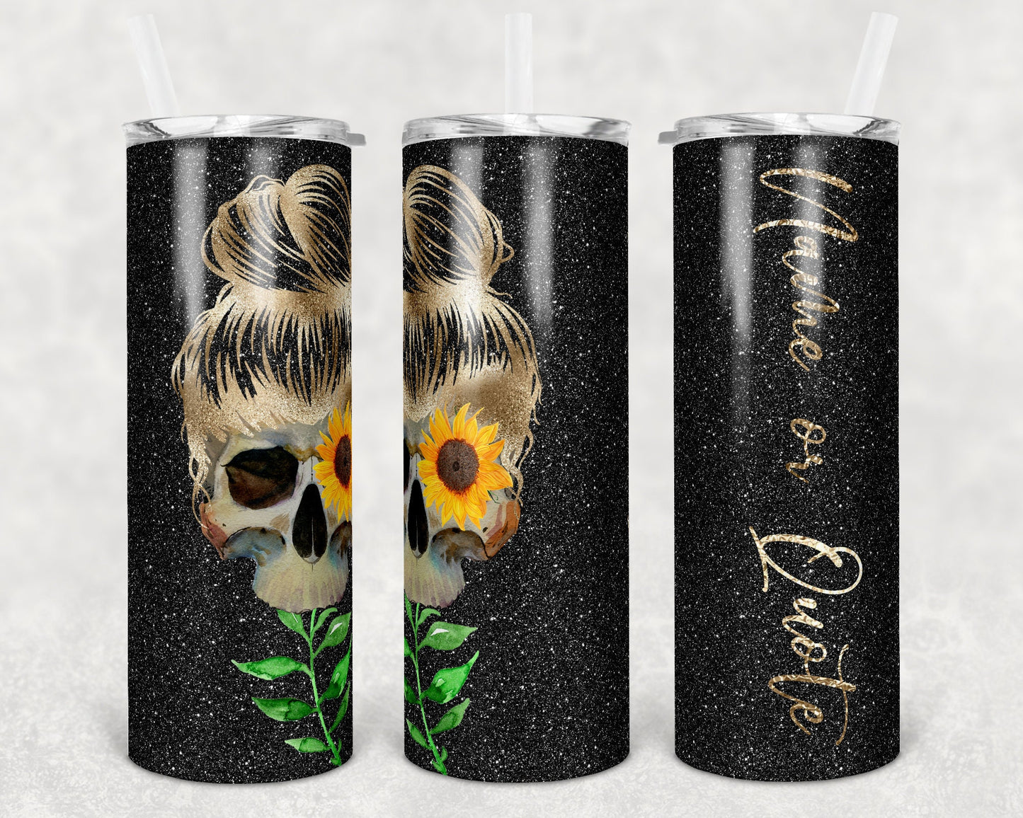 20 oz Skinny Tumbler Glitter Sunflower Skull Messy Bun Sublimation Design Print Transfer
