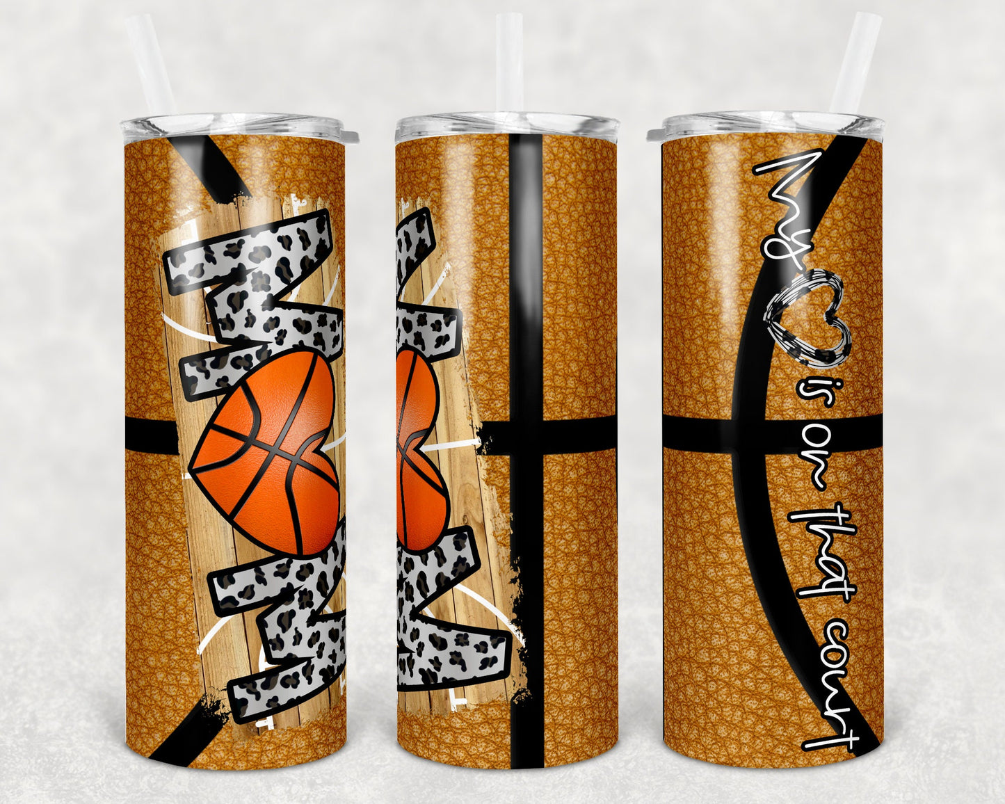 20 oz Skinny Tumbler Basketball Mom Heart on Court Leather Sublimation Design Template Design