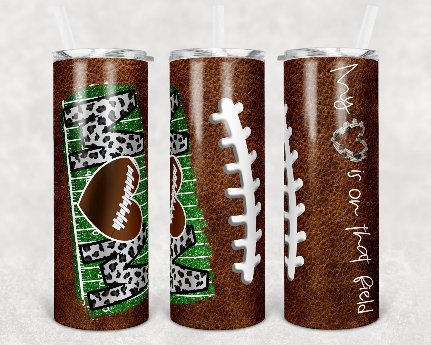 20 oz Skinny Tumbler Football Mom Heart on Field Leather Sublimation Design Template Design