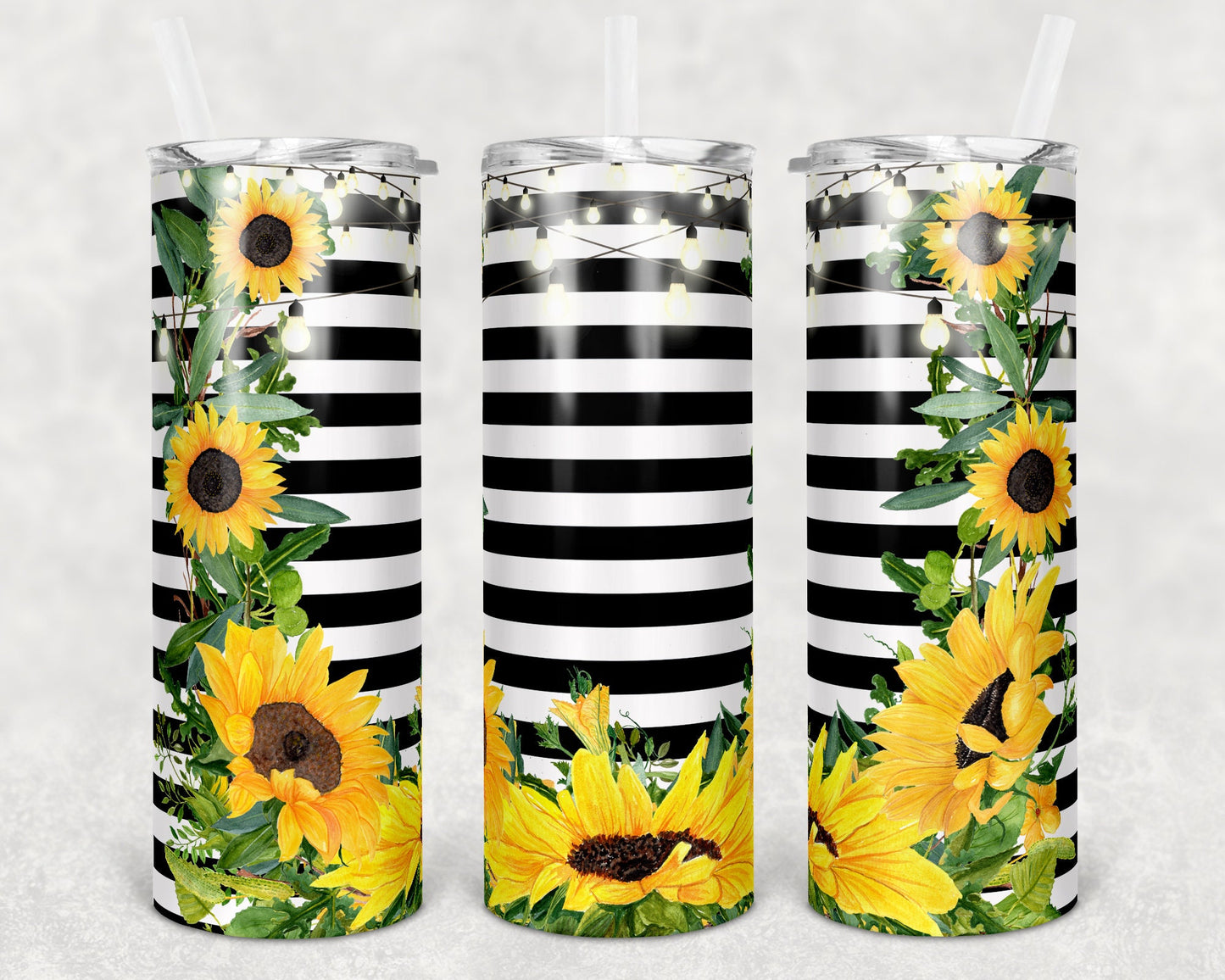 20 oz Skinny Tumbler Striped Sunflower Lights Rustic Sublimation Design Print Transfer
