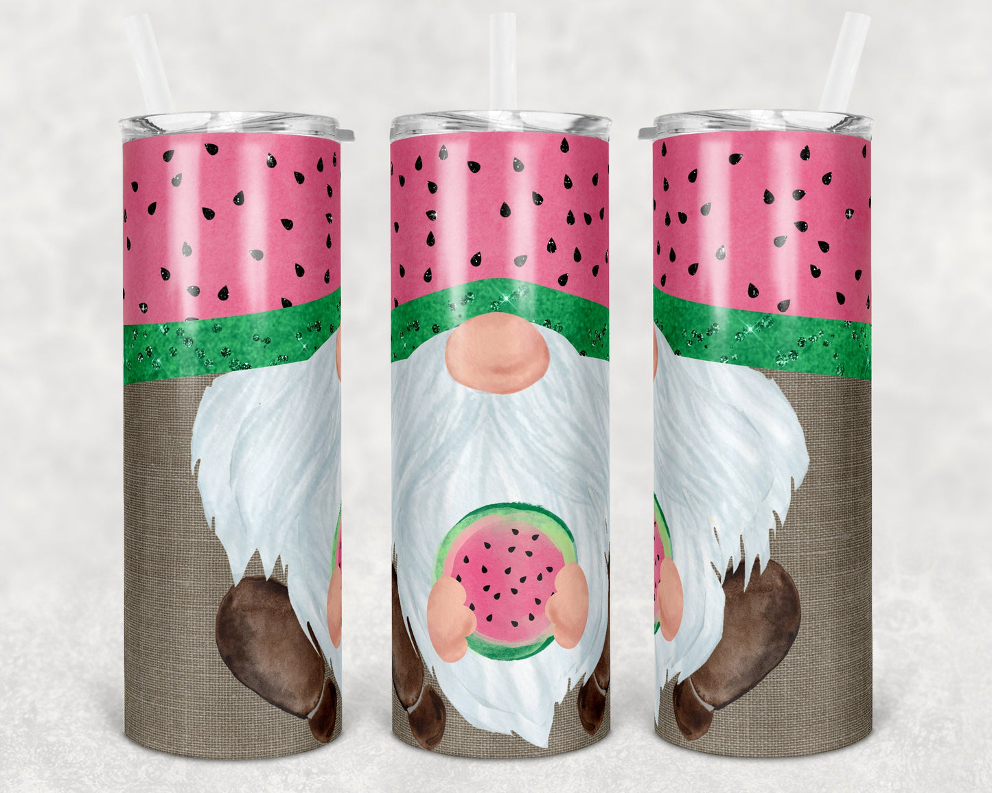 20 oz Skinny Tumbler Sublimation Watermelon Gnome Face Cute Straight and Warped Design