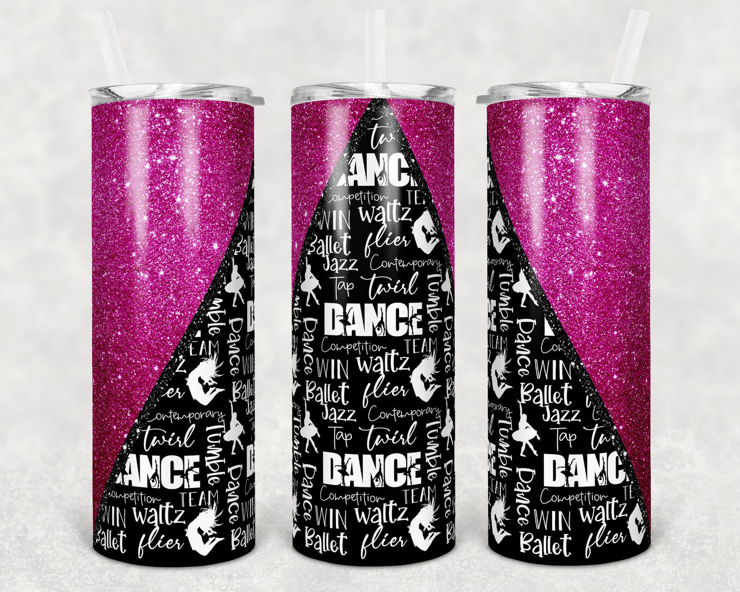 20 oz Skinny Tumbler Cheer Pink Glitter Dance Dancing Sublimation Design Print Transfer