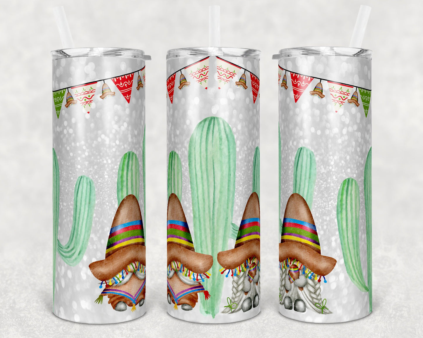 20 oz Skinny Tumbler Sublimation Cinco De Mayo Gnomes Cactus Sombrero Straight and Warped Design