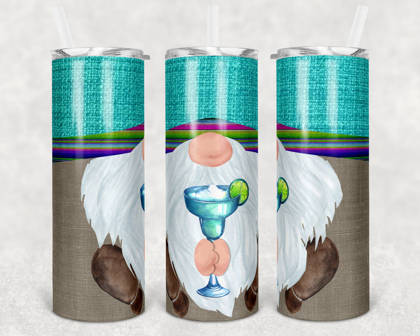20 oz Skinny Tumbler Sublimation Margarita Serape Gnome Face Cute Straight and Warped Design