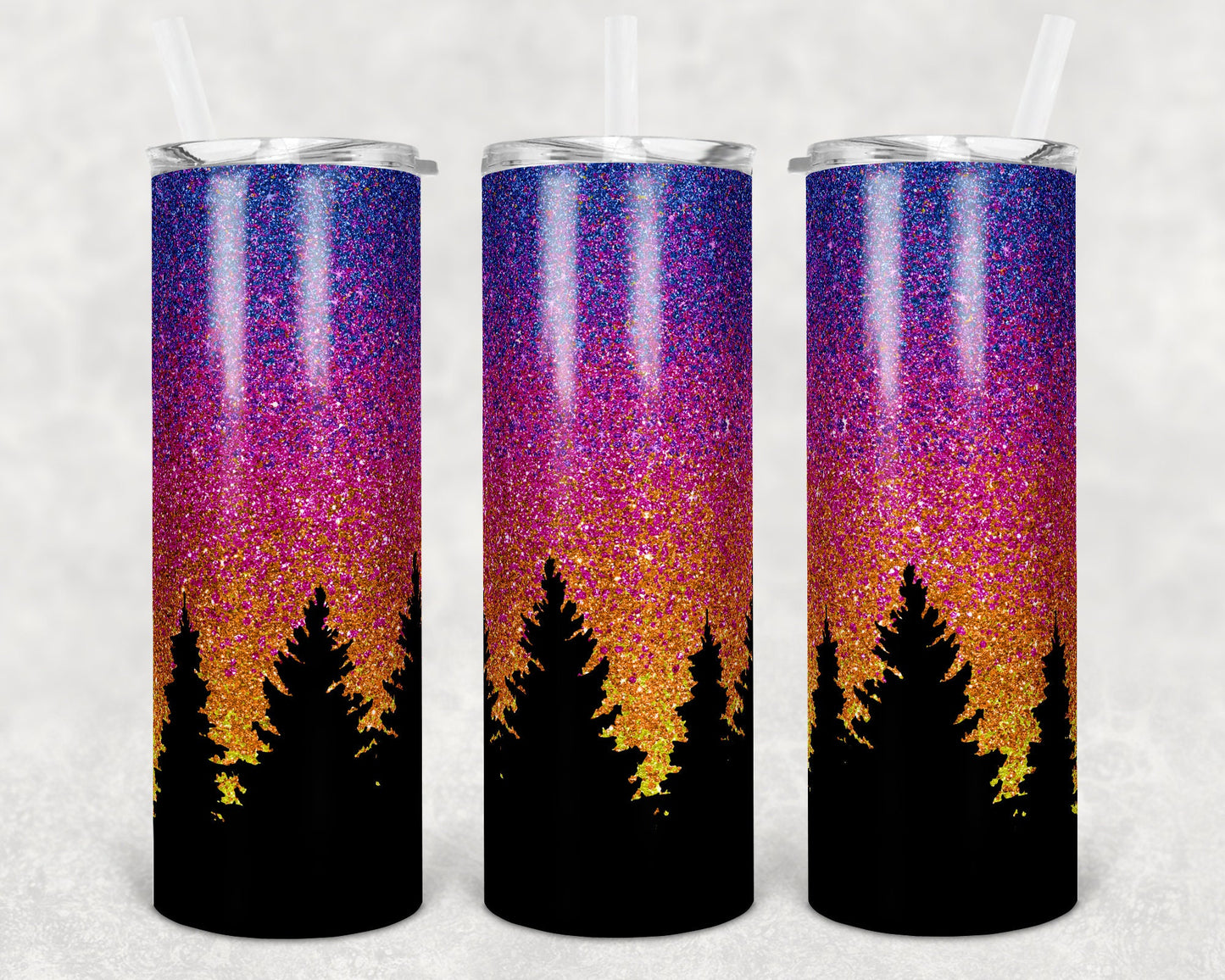 20 oz Skinny Tumbler Sublimation Design Template Glitter Ombre Sunset Forest Straight and Warped