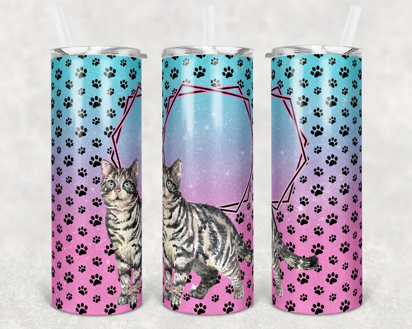 20 oz Skinny Tumbler Sublimation Pink Teal Glitter Paw Dog Cat Frame Add Text Personalize Template Straight Warped