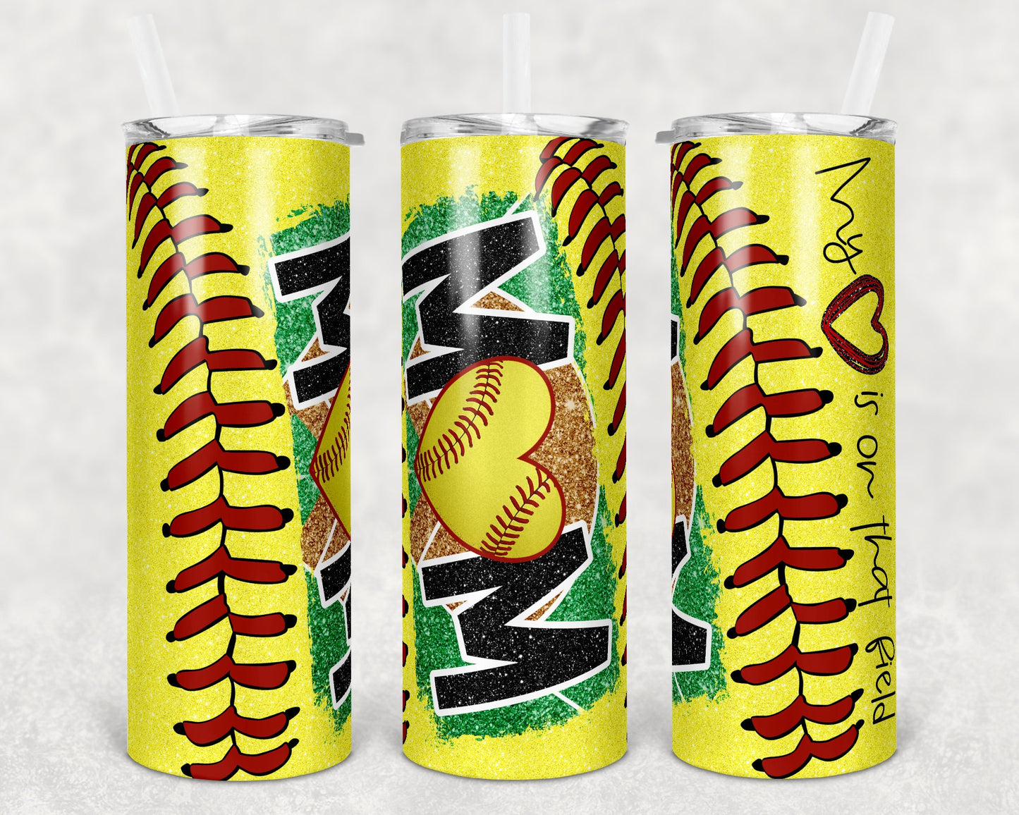 20 oz Skinny Tumbler Softball Mom Glitter Heart on Field Laces Sublimation Design Template Design