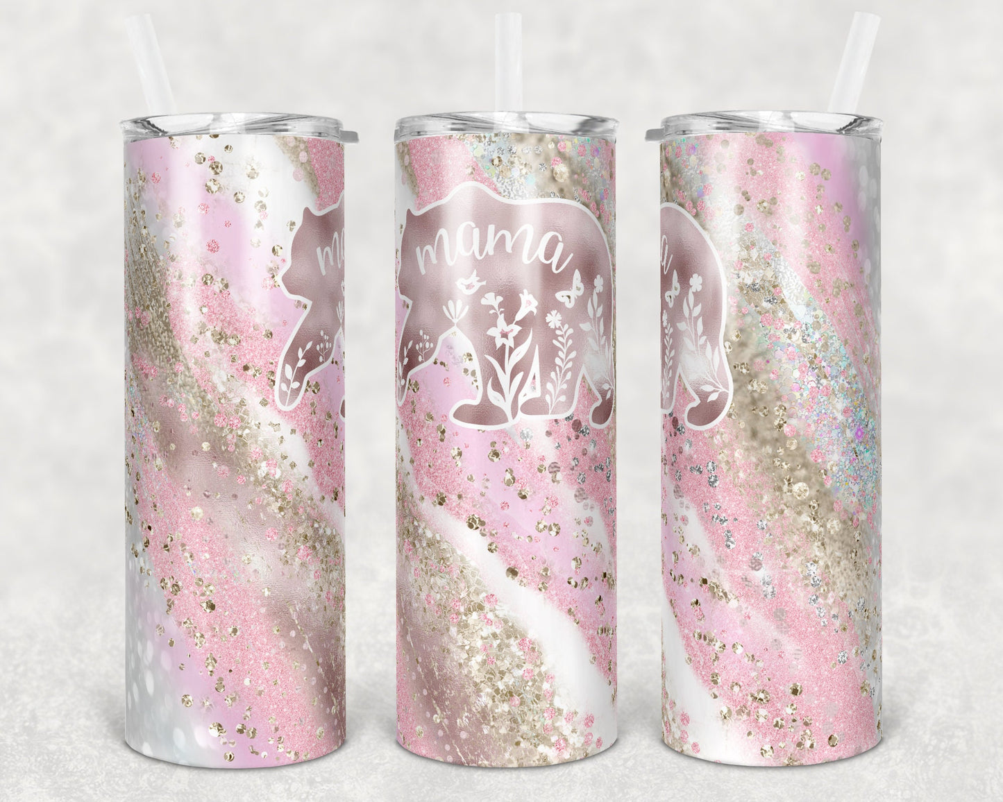 20 oz Skinny Tumbler Sublimation Design Mama Bear Milky way pinks Add Bears Glitter Mothers Day