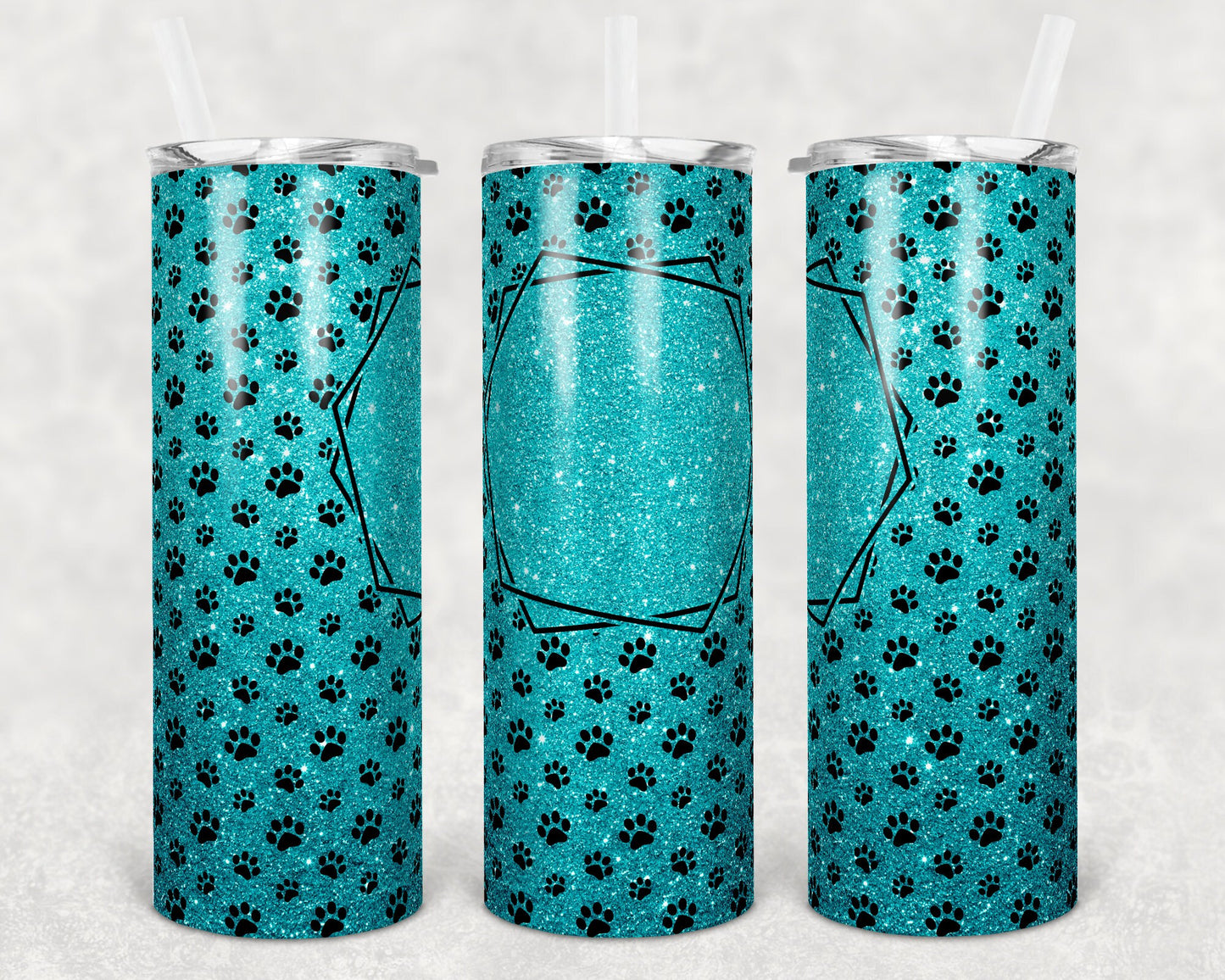 20 oz Skinny Tumbler Sublimation Teal Glitter Paw Dog Frame Add Text Personalize Template Straight Warped