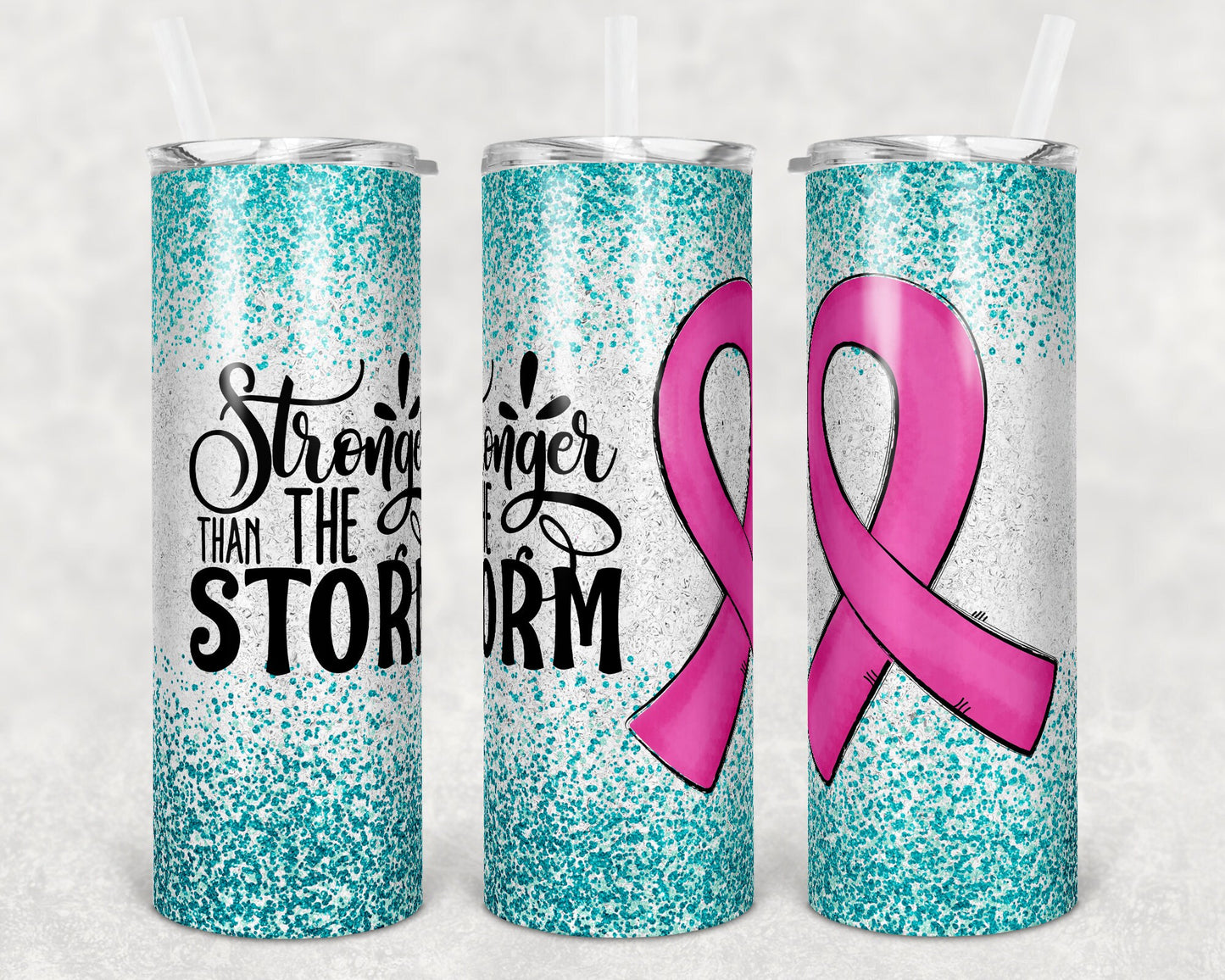 20 oz Skinny Tumbler Sublimation Glitter Pink TealCancer Awareness Straight and Warped Design