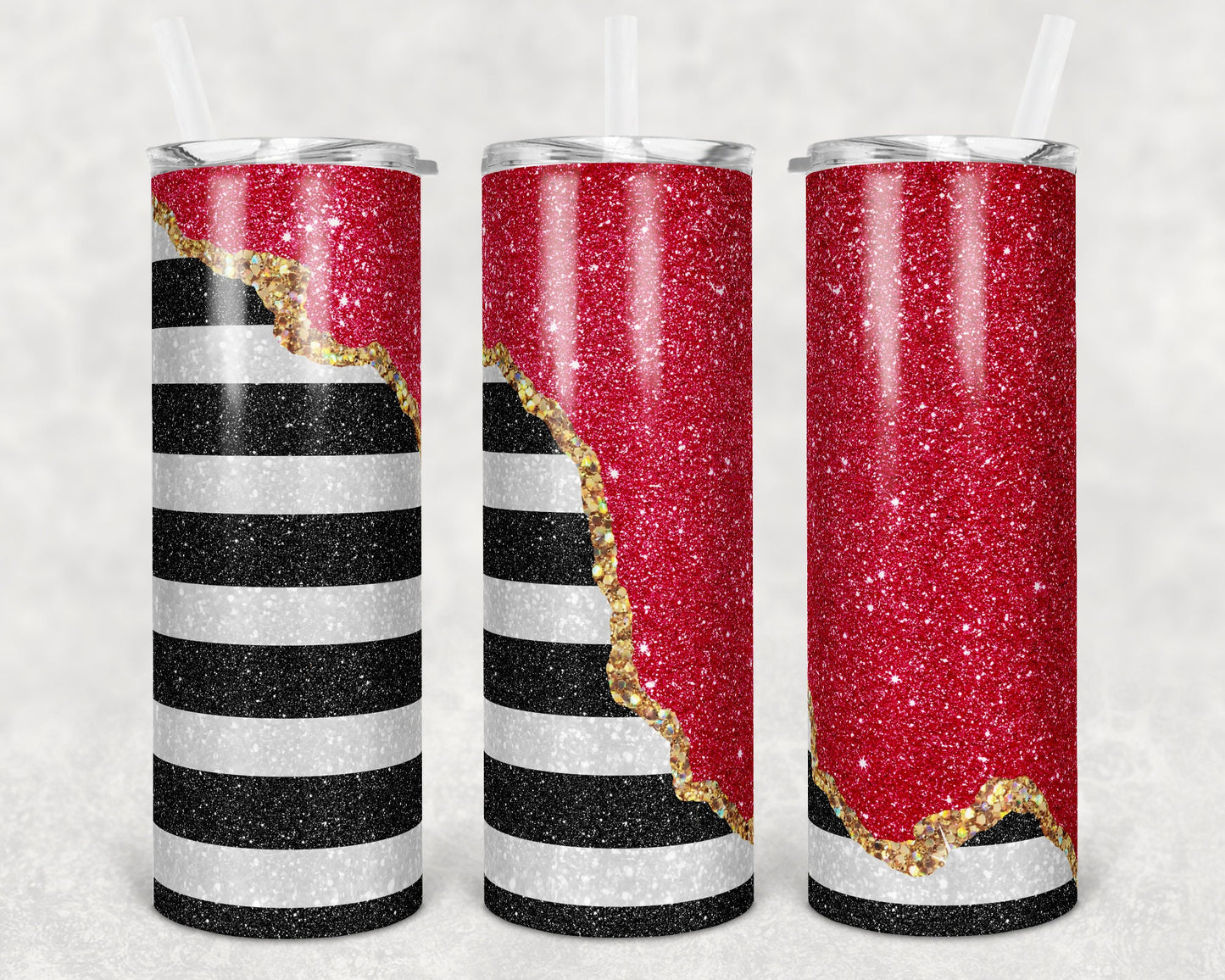 20 oz Skinny Tumbler Black White Striped Block Geode Red Sublimation Design Print Transfer