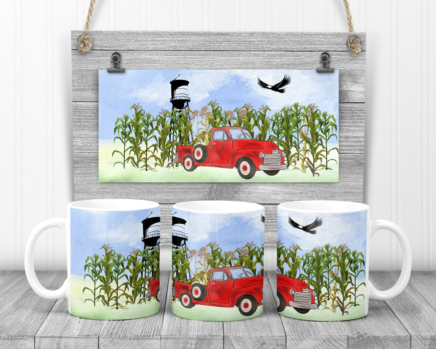 20 oz Skinny Tumbler Sublimation Design Template America Farmer Red Truck Corn Fields Farm