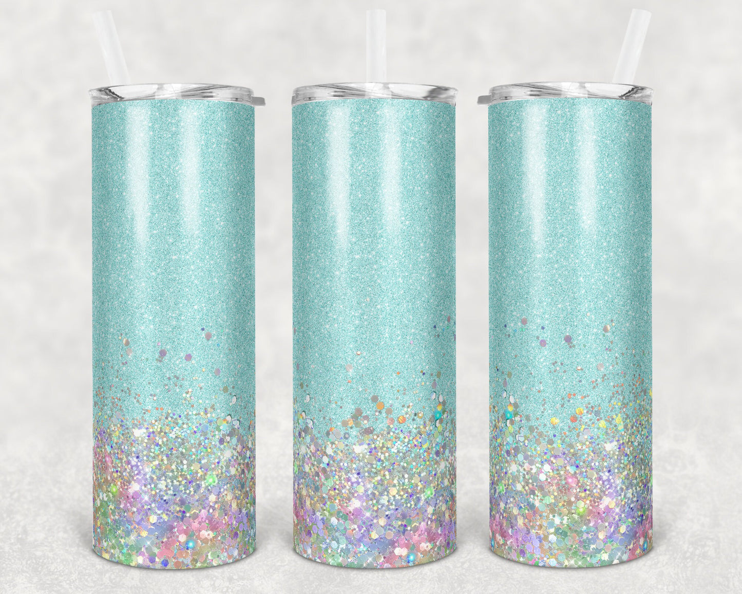 20 oz Skinny Tumbler Sublimation Design Template Glitter Light Blue Holographic White Straight and Warped Design