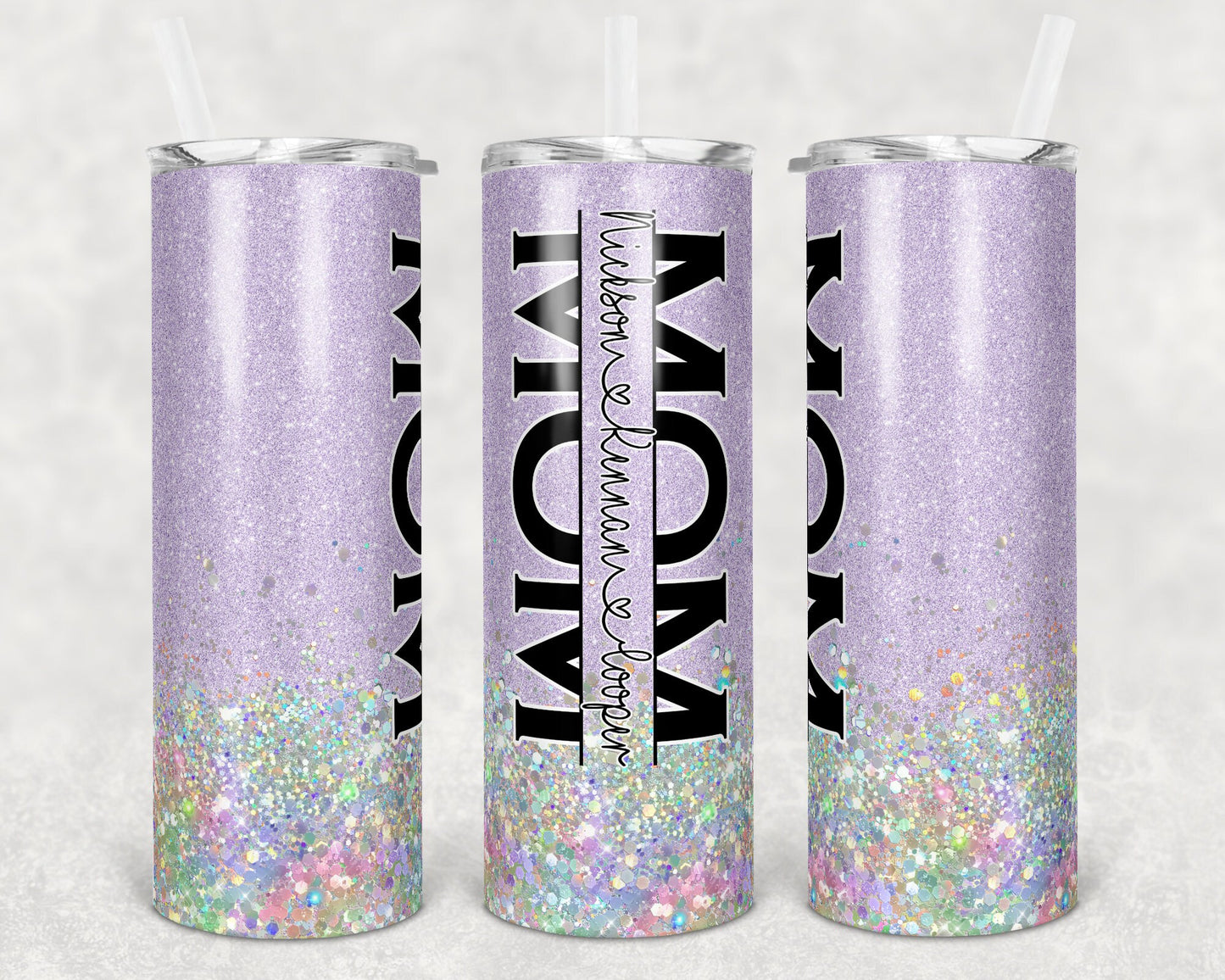 20 oz Skinny Tumbler Sublimation Design Glitter Purple Lavender Split Mom Hollographic add names Straight Warped Design