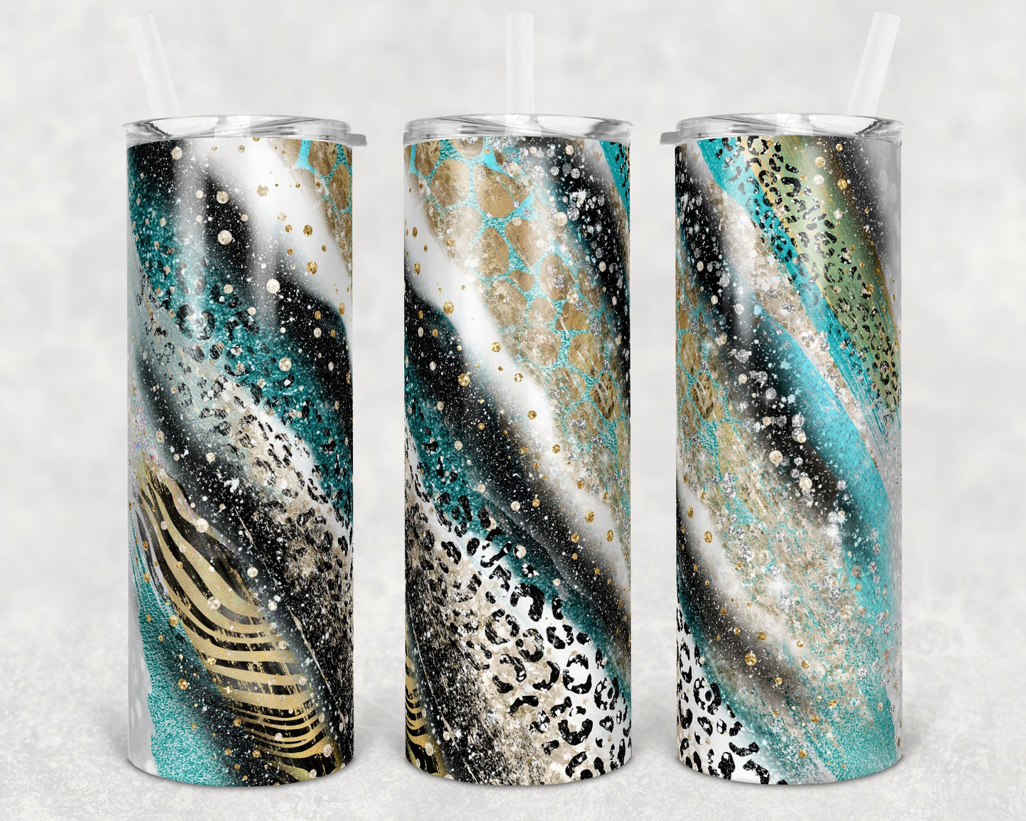 20 oz Skinny Tumbler Sublimation Template Agate Milky Way Teal Safari Animal Print Straight and Warped Design