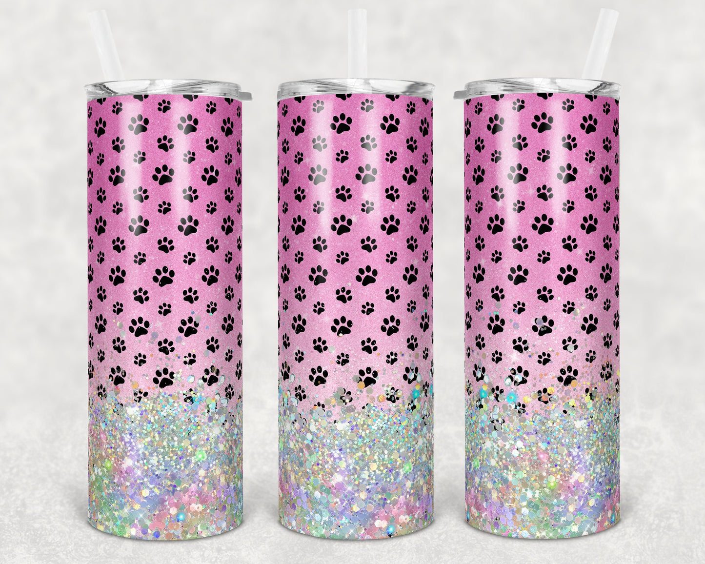 20 oz Skinny Tumbler Sublimation Pink Glitter Paw Dog Holographic Glitter Personalize Template Straight Warped