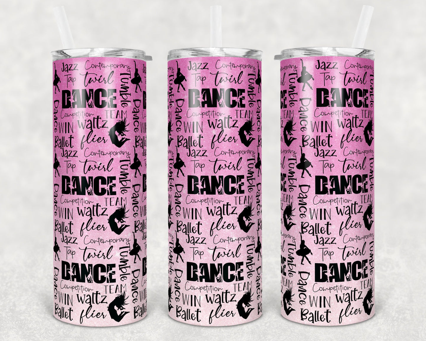 20 oz Skinny Tumbler Cheer Ombre Pink Glitter Dance Words Dancing Sublimation Design