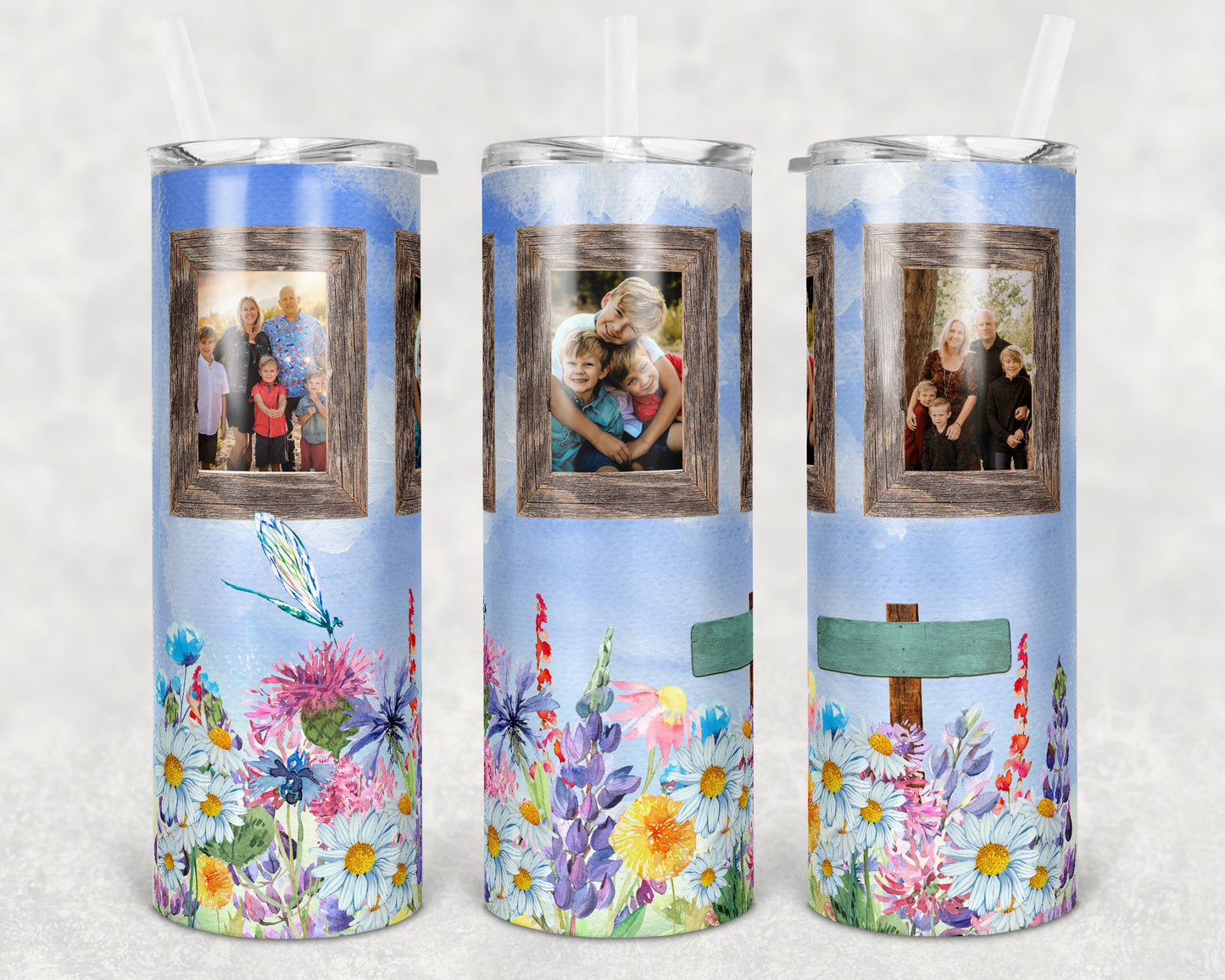 20 oz Skinny Tumbler Wildflower Garden with Sign 3 Photo Picture Frames Sublimation Design