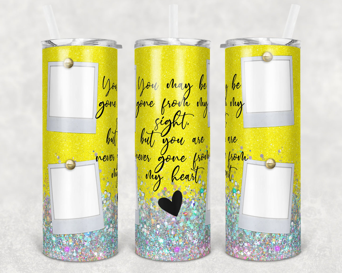 20 oz Skinny Tumbler Memorial with Pictures Yellow Glitter Gone from Sight Sublimation Design