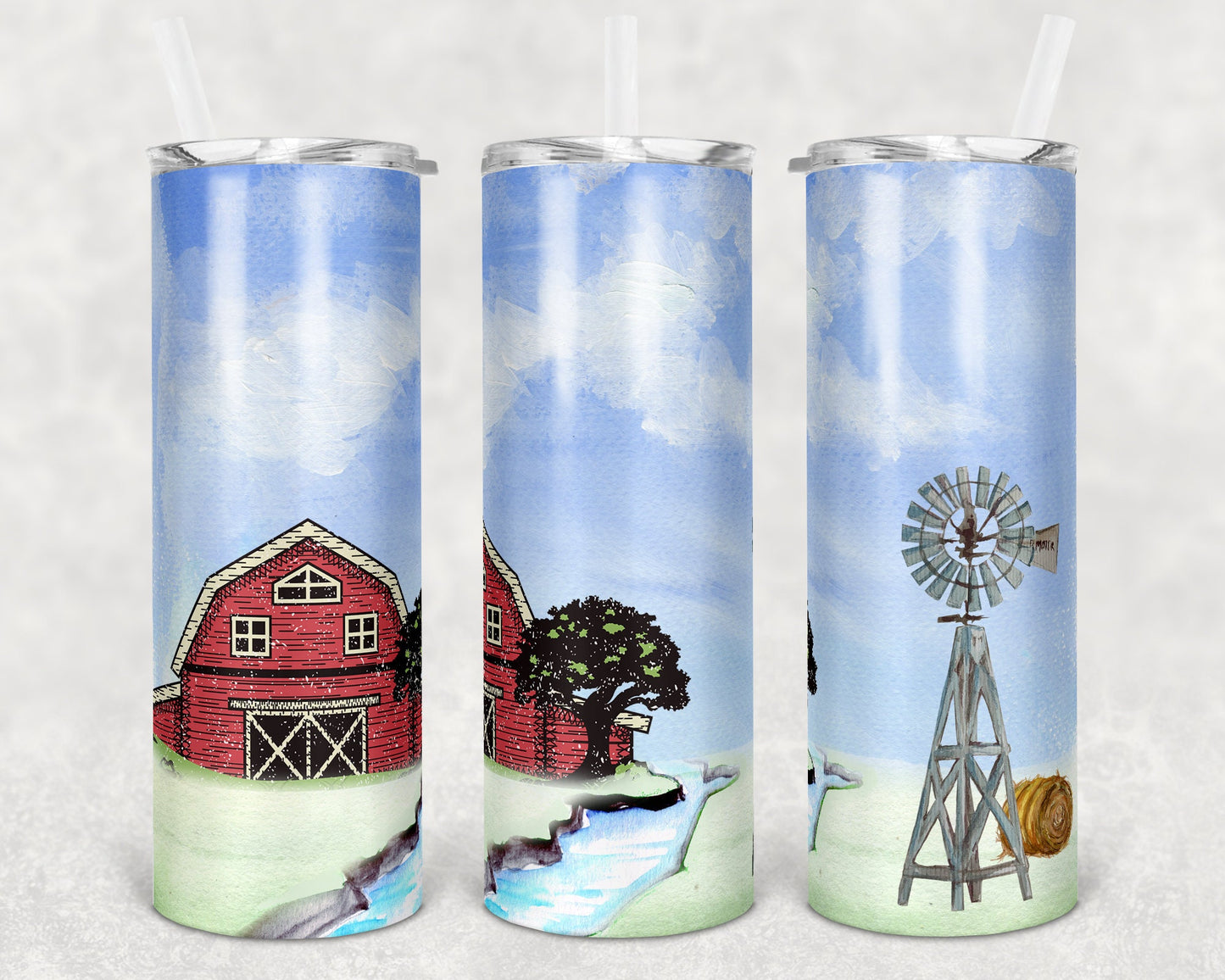 20 oz Skinny Tumbler Barn Farm Creek Landscape Sublimation Design Farmhouse