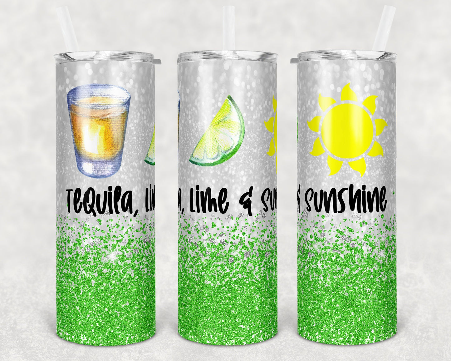20 oz Skinny Tumbler Sublimation Design Template Glitter Tequila Lime and Sunshine Straight Warped Design