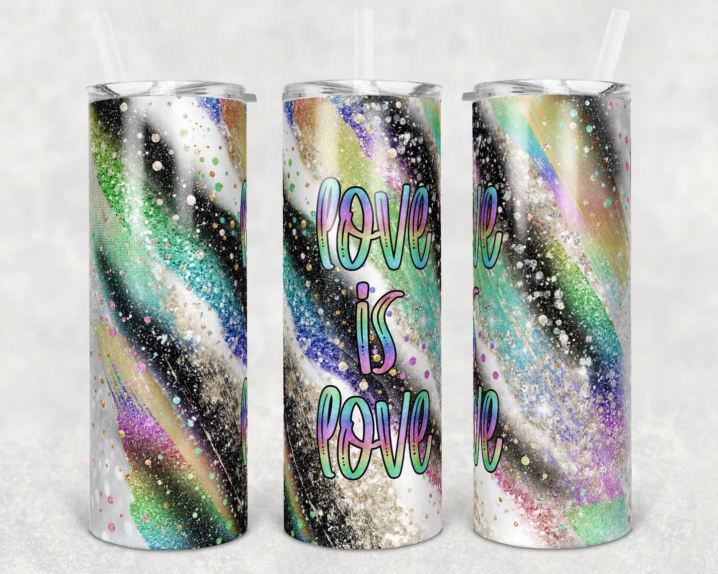 20 oz Skinny Tumbler Sublimation Template Raibow Glitter Milky Way Glitter LGBT Love is Love Straight and Warped Design