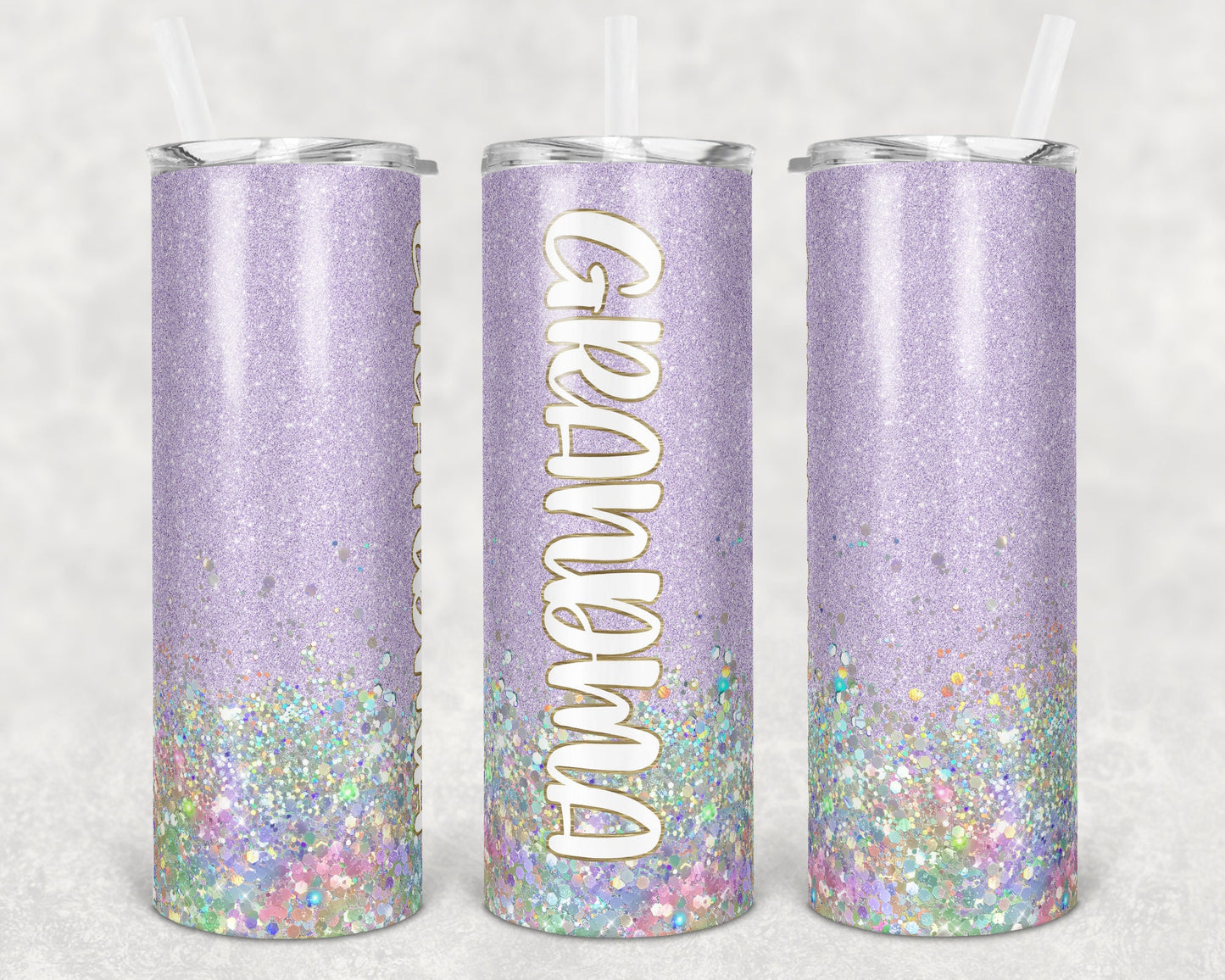 20 oz Skinny Tumbler Sublimation Design Glitter Grandma Lavender Holorahpic Glitter Straight and Warped Design tumblers