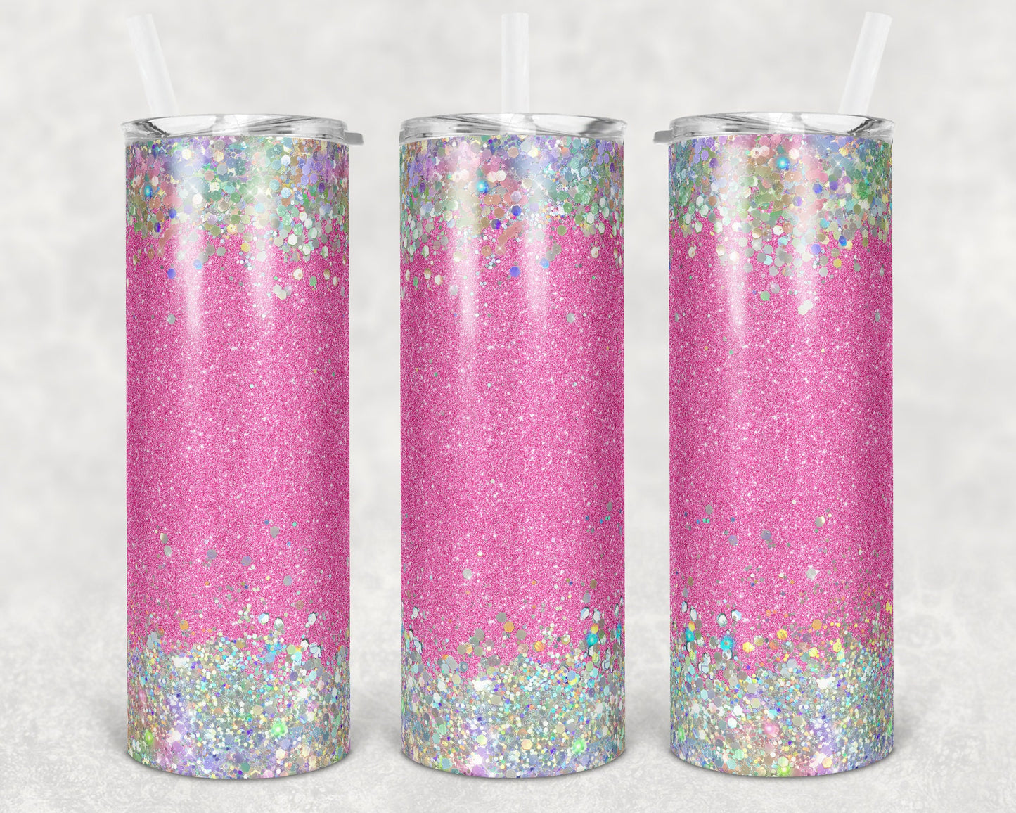 20 oz Skinny Tumbler Sublimation Design Template Glitter Pink Holographic White Straight and Warped Design