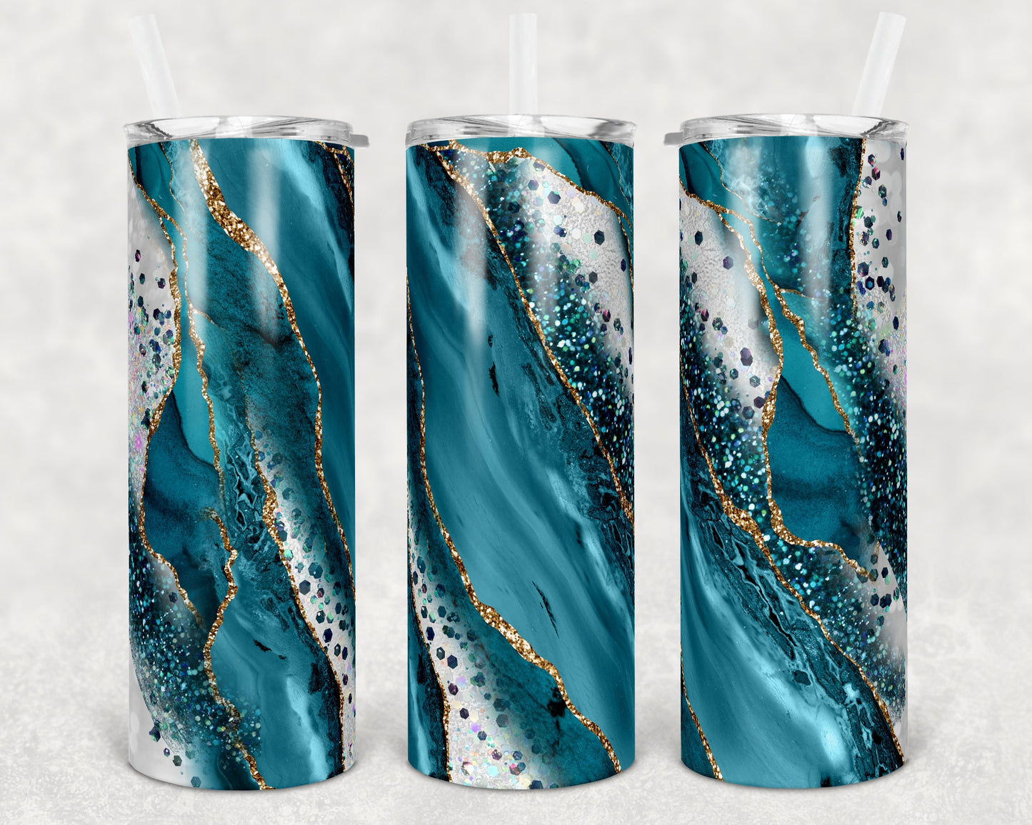20 oz Skinny Tumbler Sublimation Template Agate Milky Way Teal Gold Straight and Warped Design