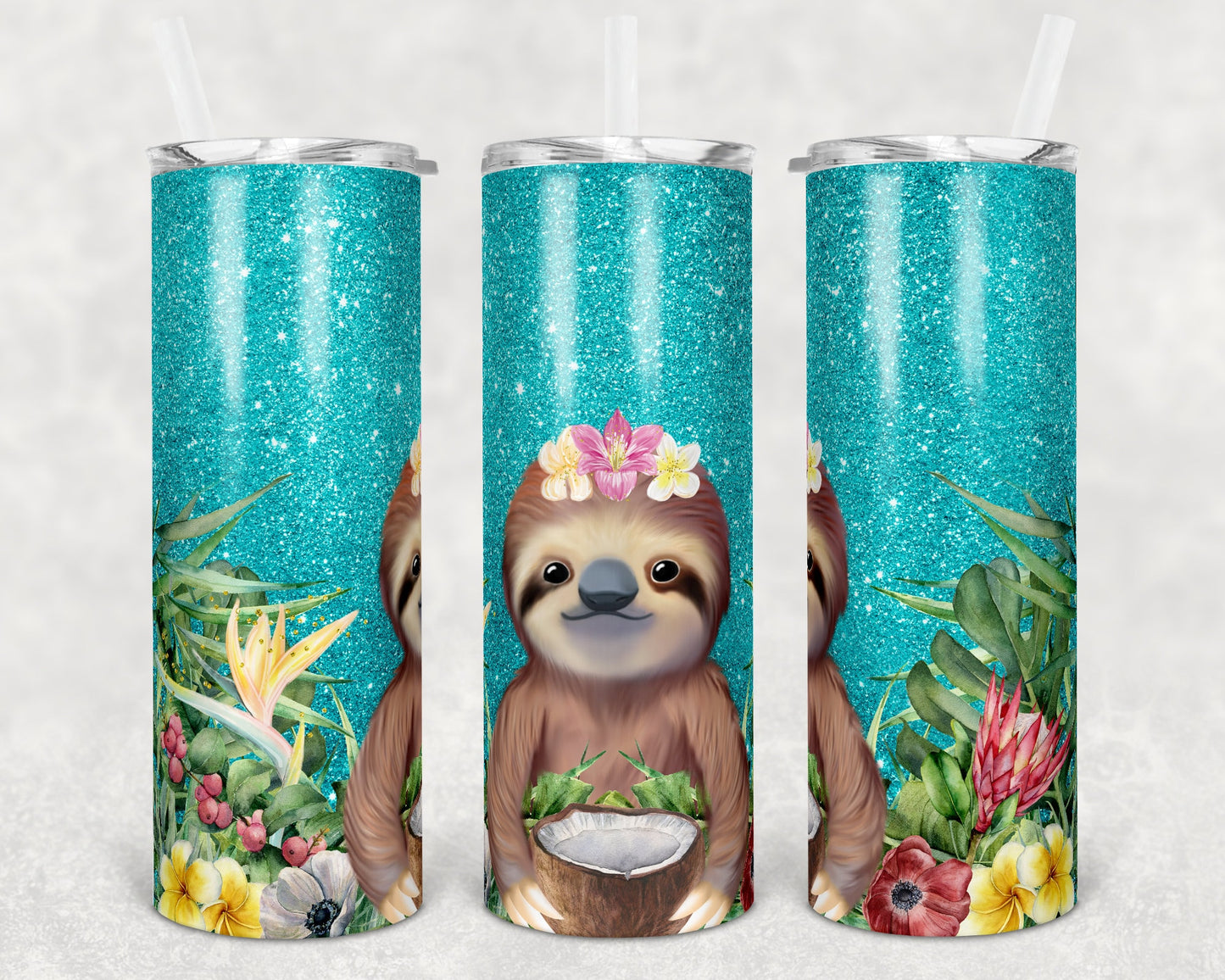 20 oz Skinny Tumbler Sublimation Design Template Glitter Teal Sloth Straight Warped Tumblers
