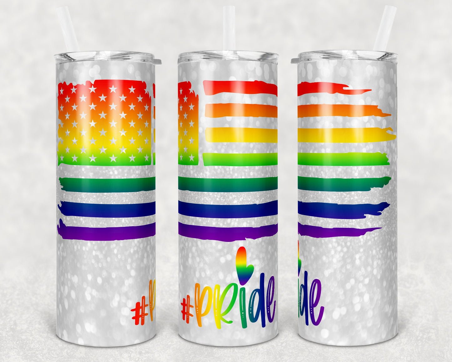 20 oz Skinny Tumbler Sublimation Design Template Gay Pride Flag Rainbow Glitter Design
