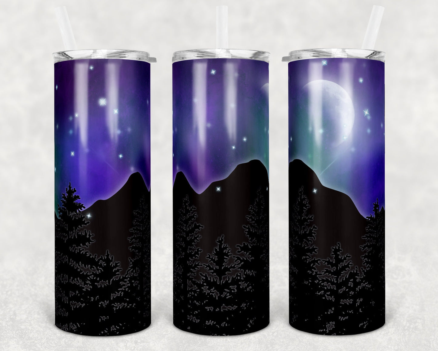 20 oz Skinny Tumbler Sublimation Design Template Galaxy Northern Lights Night Sky Silhouette