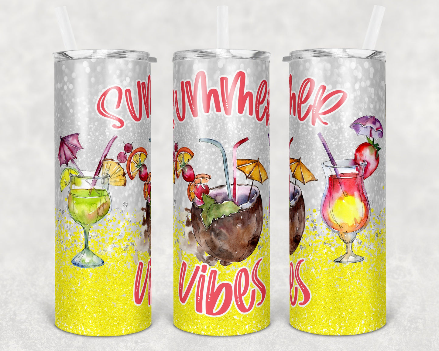 20 oz Skinny Tumbler Sublimation Design Template Glitter Summer Vibes Coctails Straight Warped Design